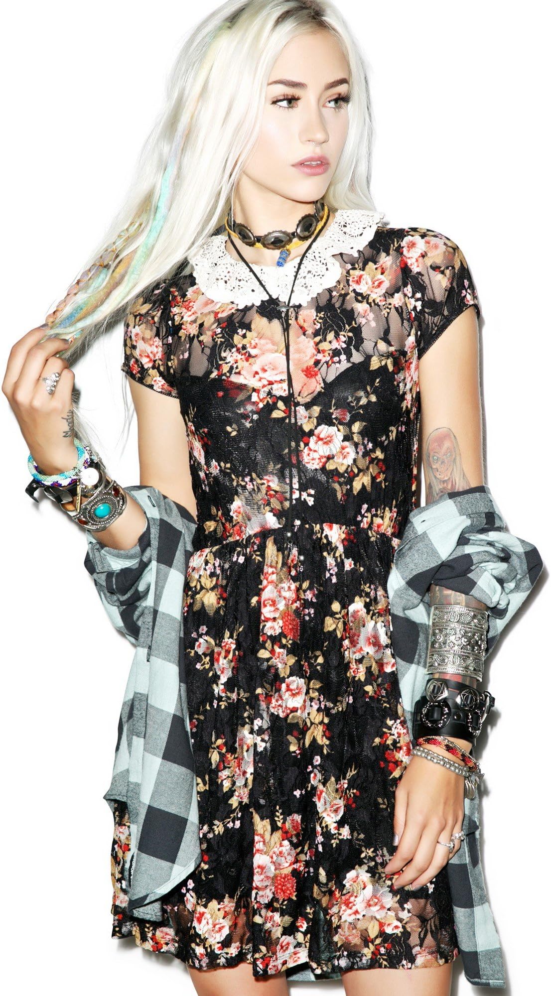 Lip Service Gothic Baby Doll Hippie Floral Flower Rocker Collar Wednesday Dress