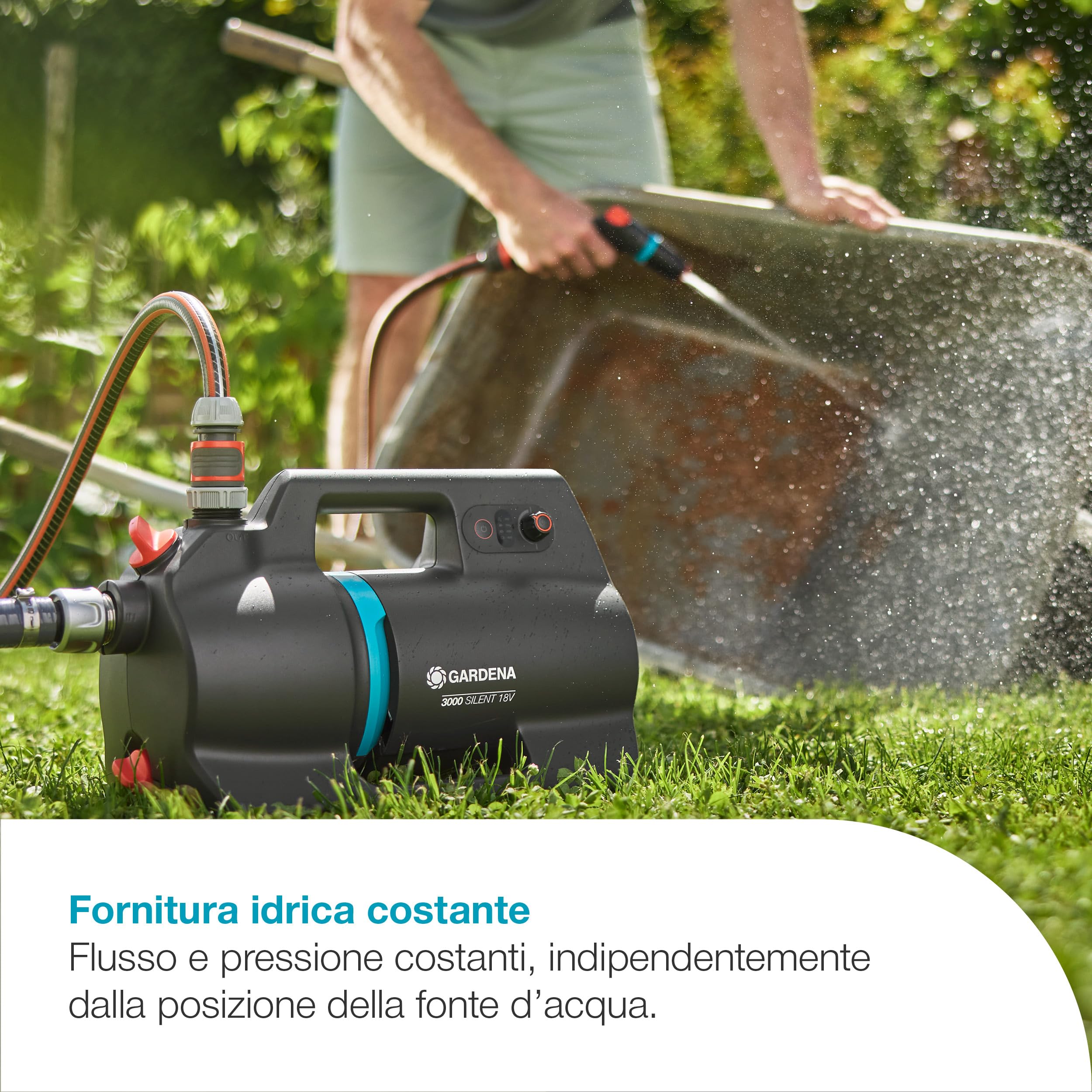Gardena Pompa Da Giardino A Batteria 3000 Silent 18V P4A Solo: Potente, Funzionamento silenzioso, Scocca resistente alla pioggia e ai raggi UV, Protezione dal funzionamento a secco (14610-55)