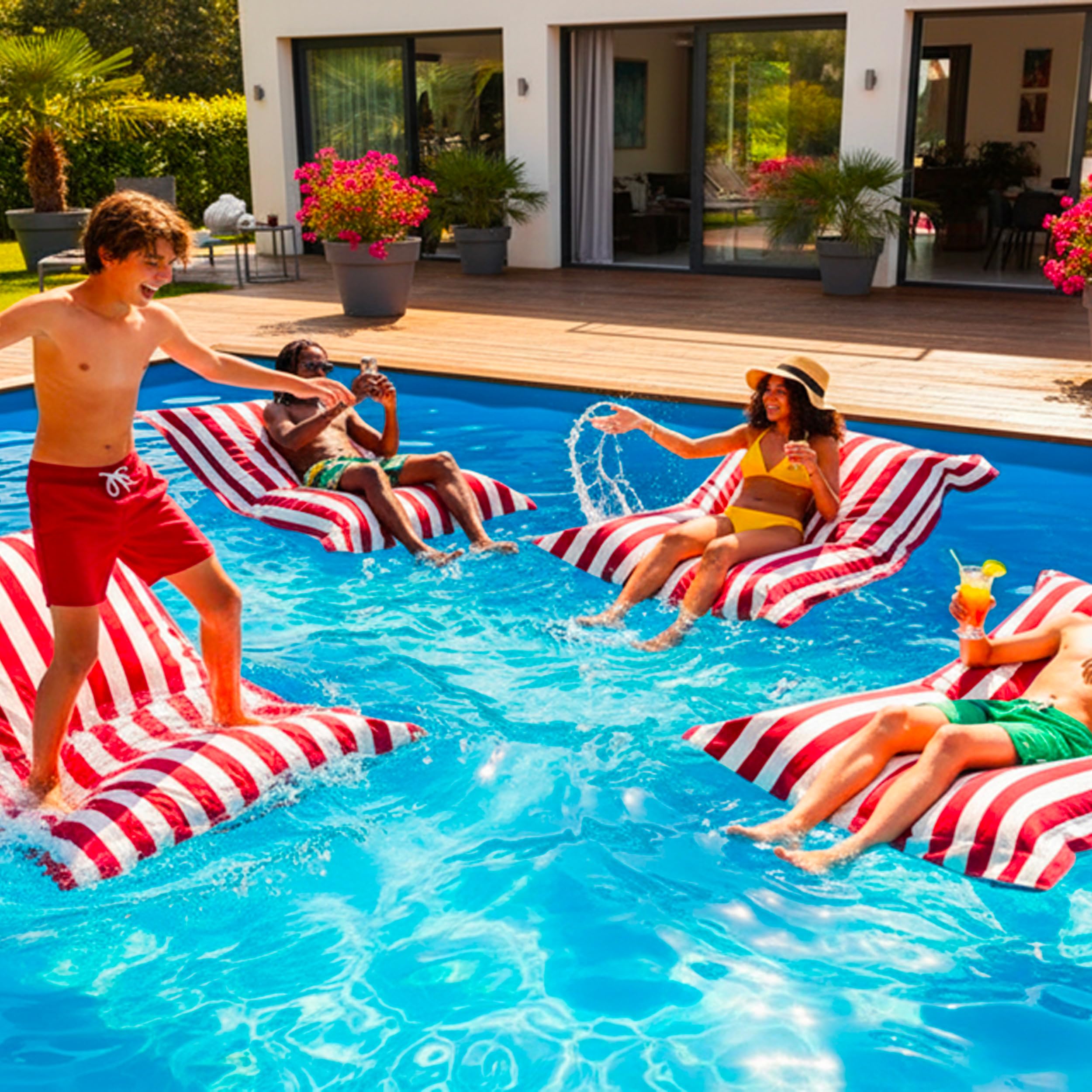 LIVEDECO – Puff Gigante XXL desenfundable, Flotante para Piscina, Rojo a Rayas Deauville Pool BiG52