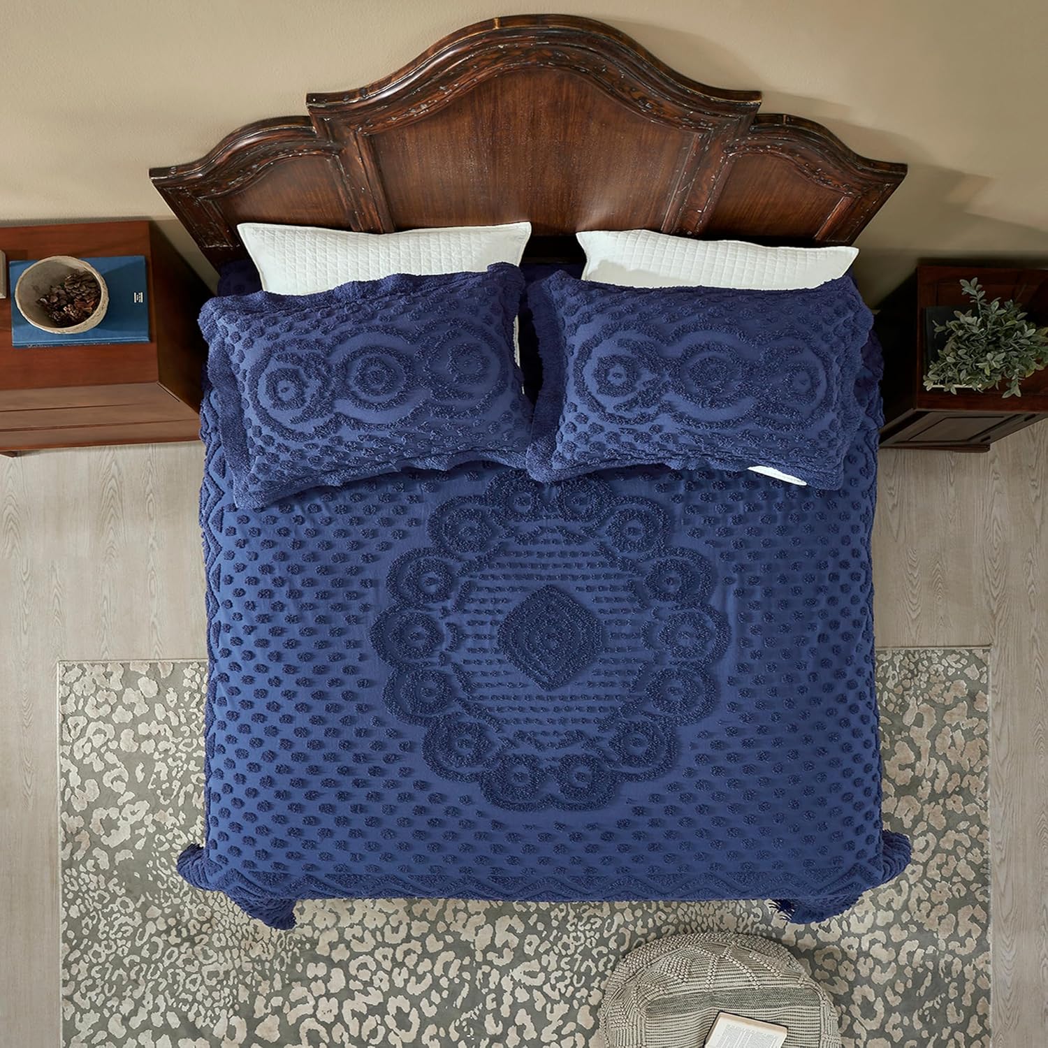 Better Trends Chenille Bedspreads King Size, Navy 100% Cotton Chenille Medallion Design Tufted Bedding Coverlet Soft Lightweight, 120"x110" with 2 King Sham 3 Pieces Set Heirloom Collection