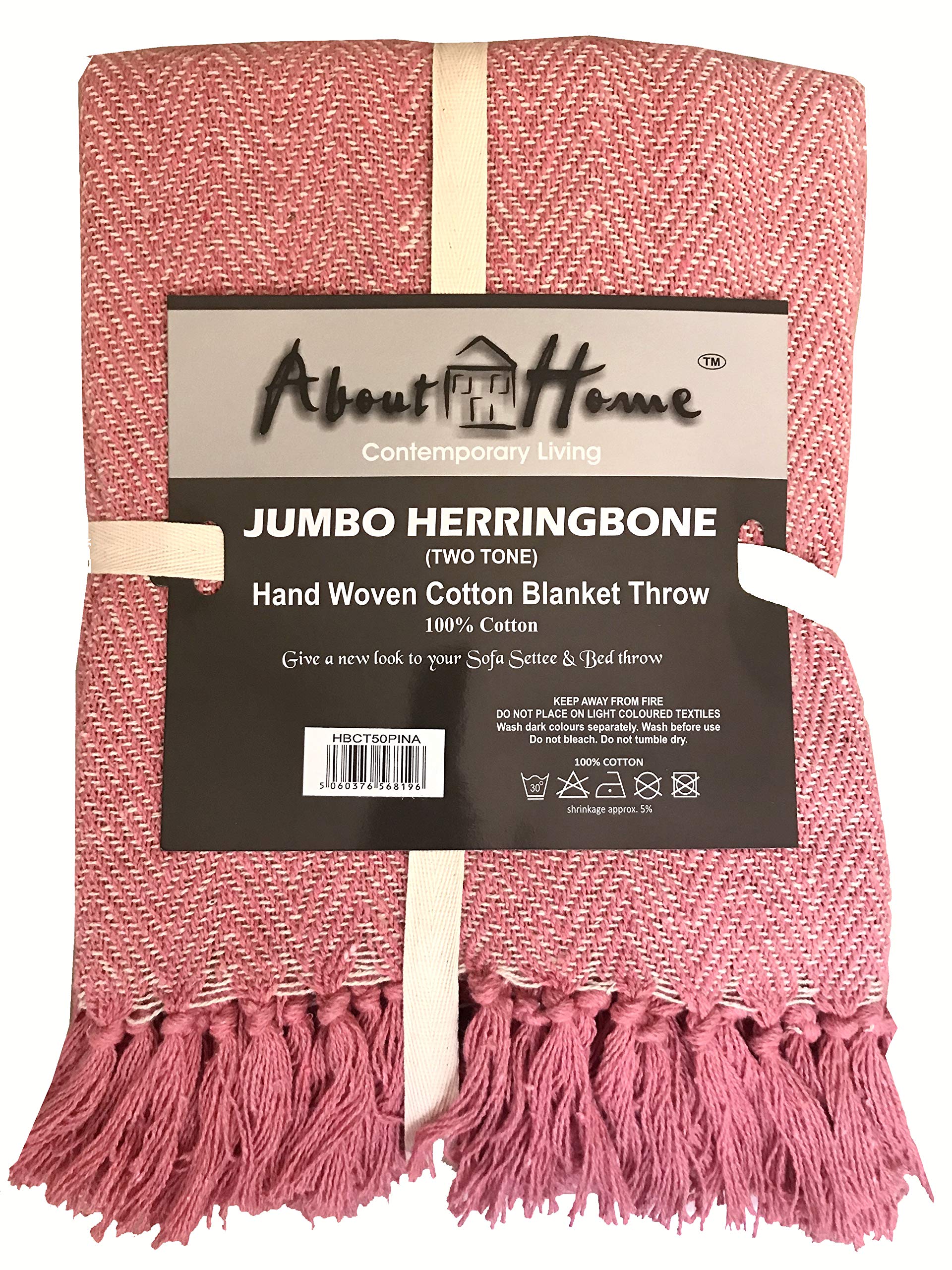 About Home Pink/Nat Cotton Rich Herringbone Blanket Throw, Settee Cover (, 50X60 Inch, Chair, Big)
