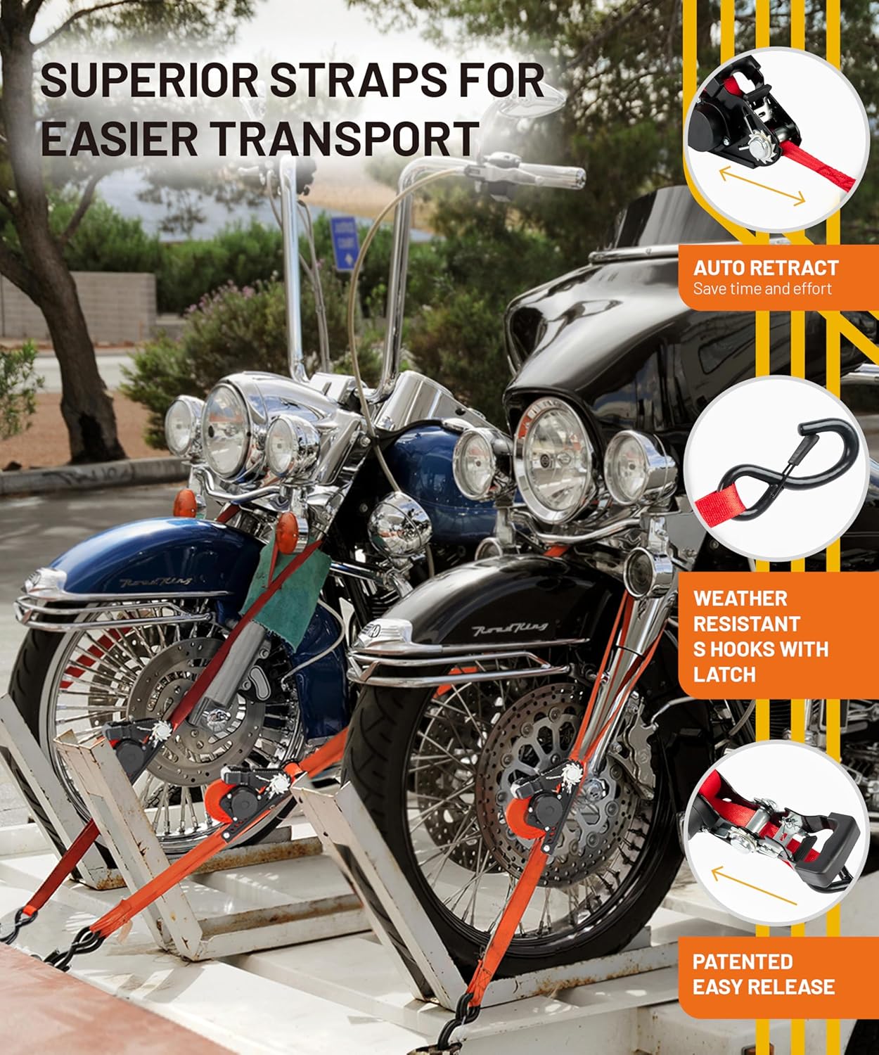 Strapinno Retractable Ratchet Straps - 1 in x 15 ft Heavy Duty Tie Downs, 3000lbs Breaking Strength, S Hooks with Safety Clip, Easily Store with AutoRetract, for Boat, ATV, Motorcycle, & Cargo (2PCS) - Image 5