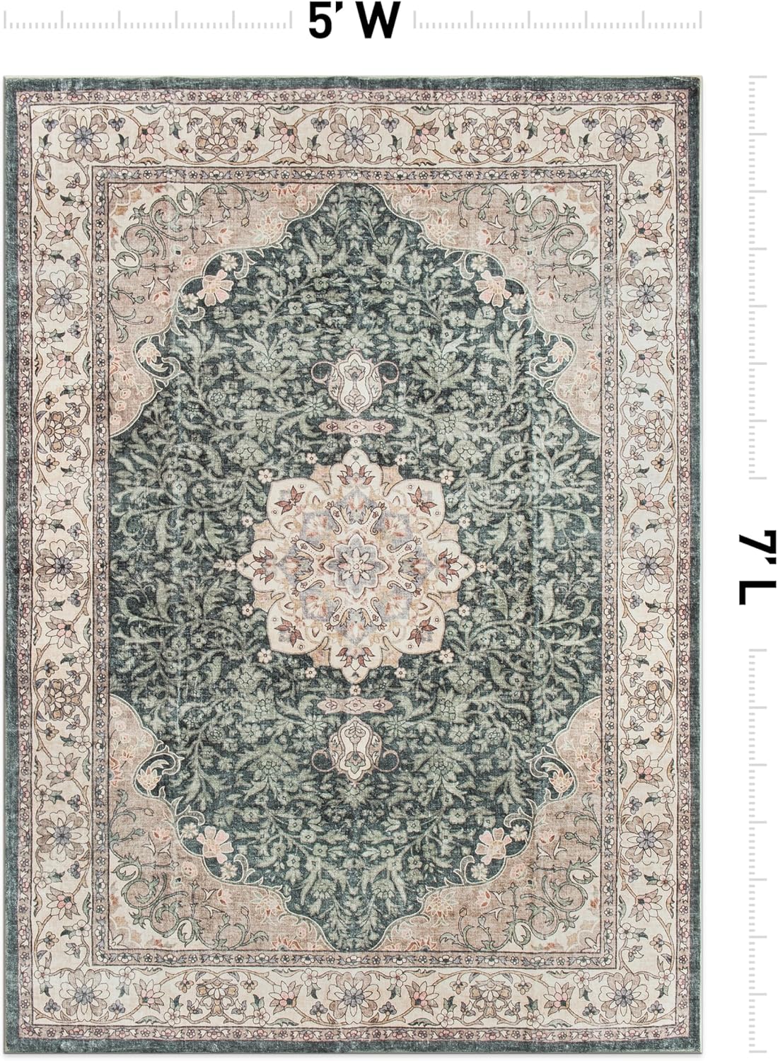Rugshop Traditional Oriental Medallion Washable Non Slip Area Rug 5' x 7' Green