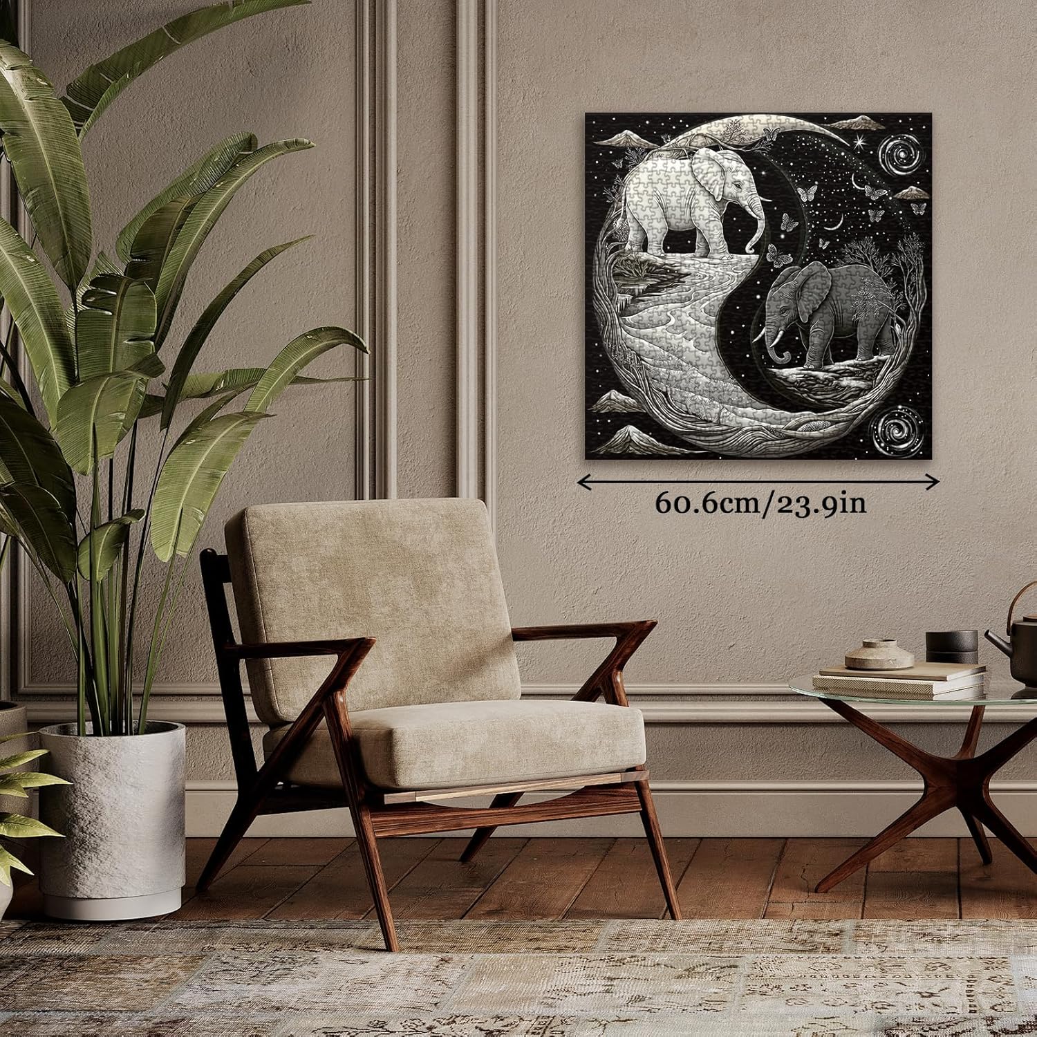 Elephant Moon Yin Yang Puzzle 1000 Piece for Adults, Stars River Tree Fantasy Jigsaw Puzzle, Galaxy Butterfly Mountains Animals Puzzles