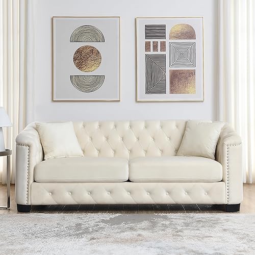 Miniatura 12 de mikibama Moderno sofá Chesterfield de terciopelo, sofá modular de 77 pulgadas, sofá tapizado de lujo de 3 plazas con brazos de cabeza de clavo y 2