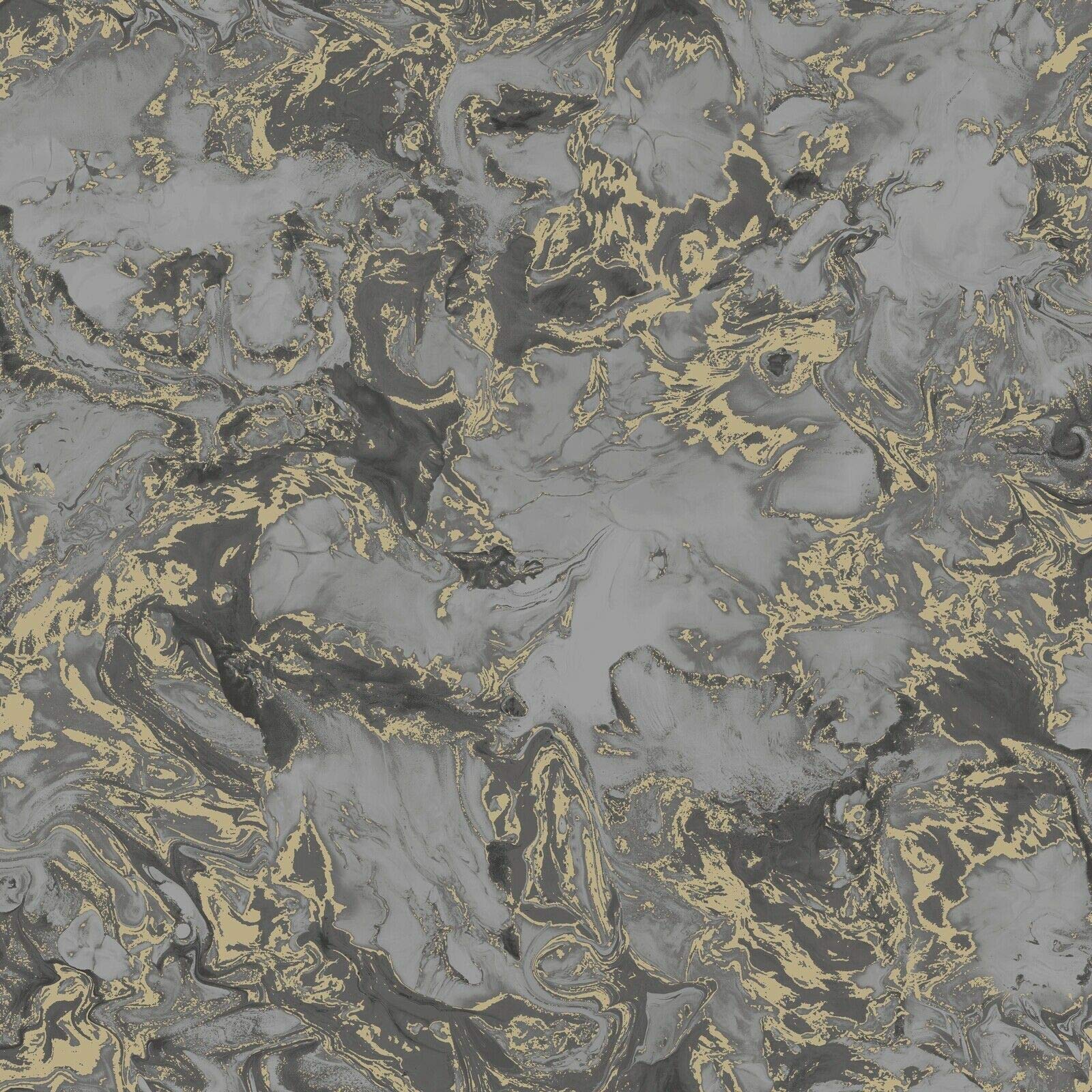 Muriva Charcoal,Marble,Gold,Grey Metallic Ripple Liquid Marble Swirl Charcoal Grey Gold Shimmer Wallpaper
