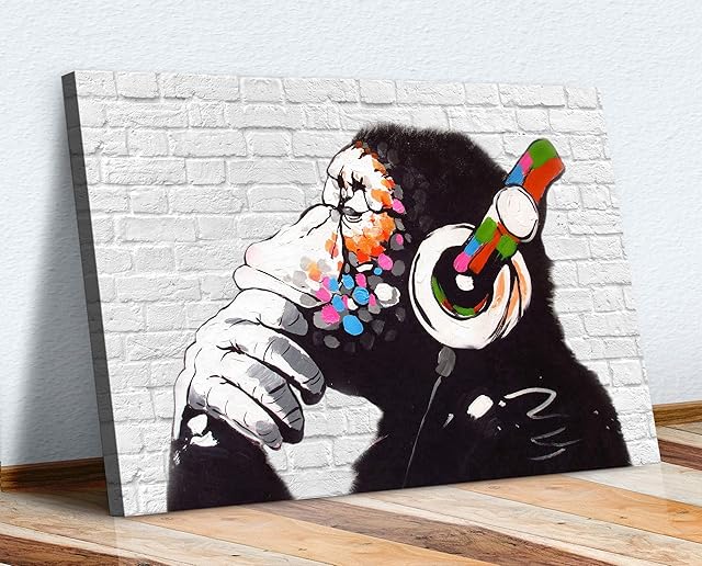 CanvasArtShop MONKEY DJ BANKSY WHITE BRICK CANVAS STREET WALL ART PRINT ARTWORK - GORILLA (8in x 12in / 20cm x 30cm)