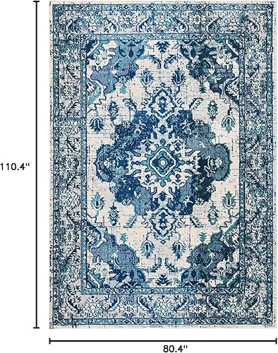 Miniatura 490 de Safavieh Tapete de área grande, colección Monaco, 11 pies x 15 pies, azul marino y celeste, diseño desgastado de medallón, no desprende pelusa