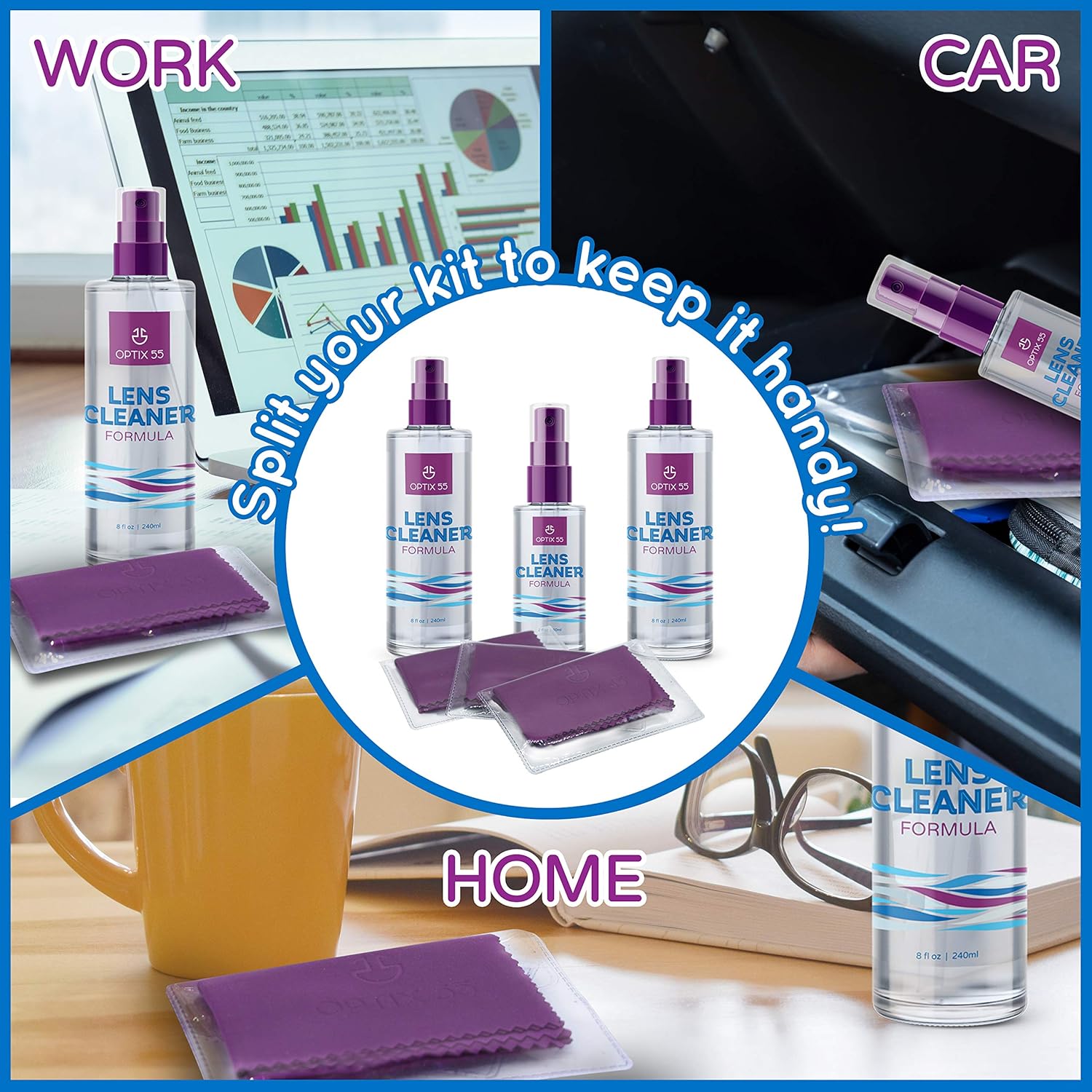 Lens Cleaner Spray Kit - Alcohol & Ammonia Free | (2) 8oz + (1) 2oz Eye Glasses Cleaner Spray + (3) Microfiber Cloths | Safe for Eyeglasses, Lenses & Screens | Streak-Free, Unscented : Health & Household