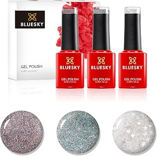 Bluesky Gel Nail Polish Set, Glitter Top Coats - 3 x 5ml Gel Polish Top Coats with glitter pieces (Requires curing under UV/LED Lamp)