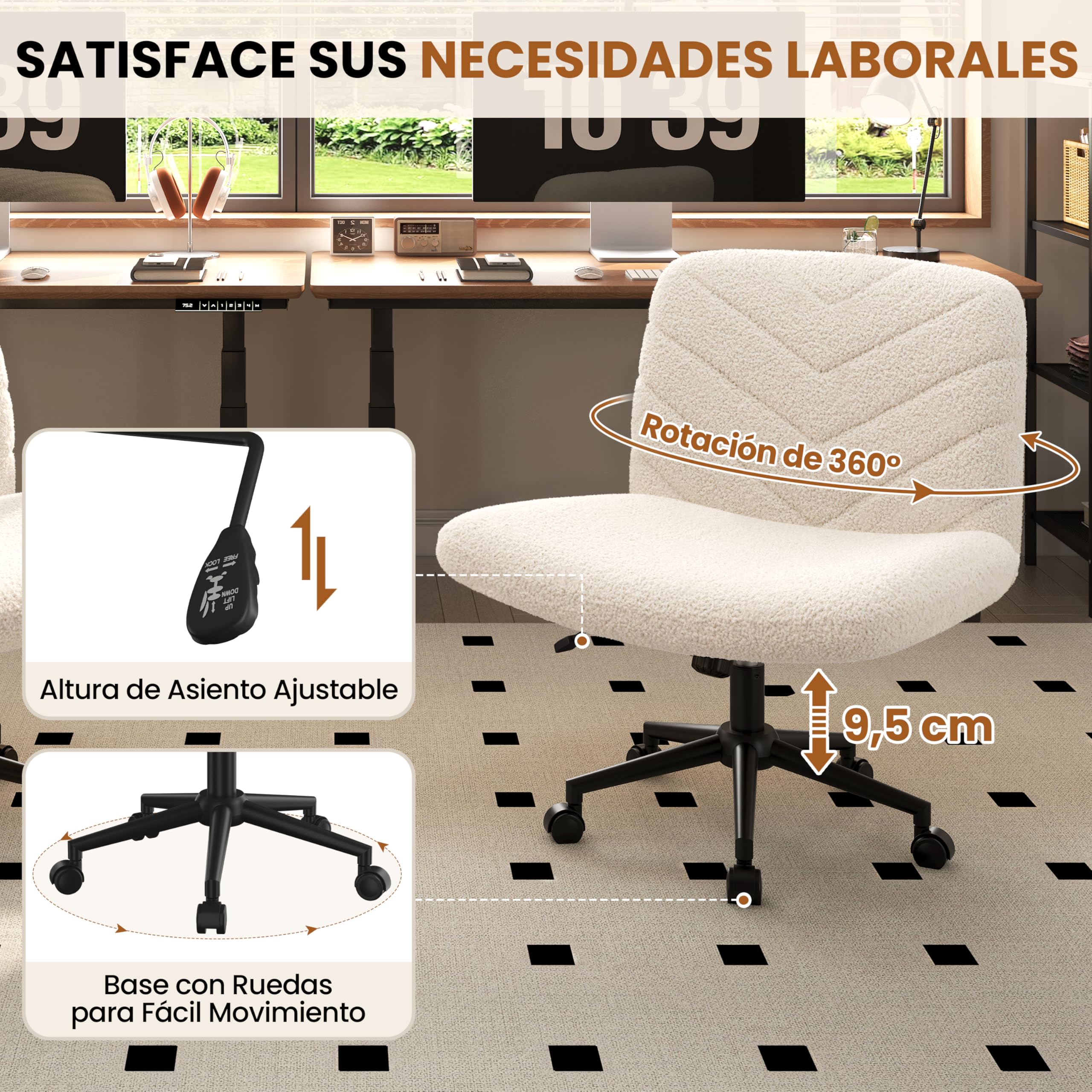 Yaheetech Silla de Oficina con Reudas, Silla Piernas Cruzadas con Función Mecedora, Ancha Sila de Escritorio para Juegos, Silla de Maquillaje sin Brazos para Casa, Marfil