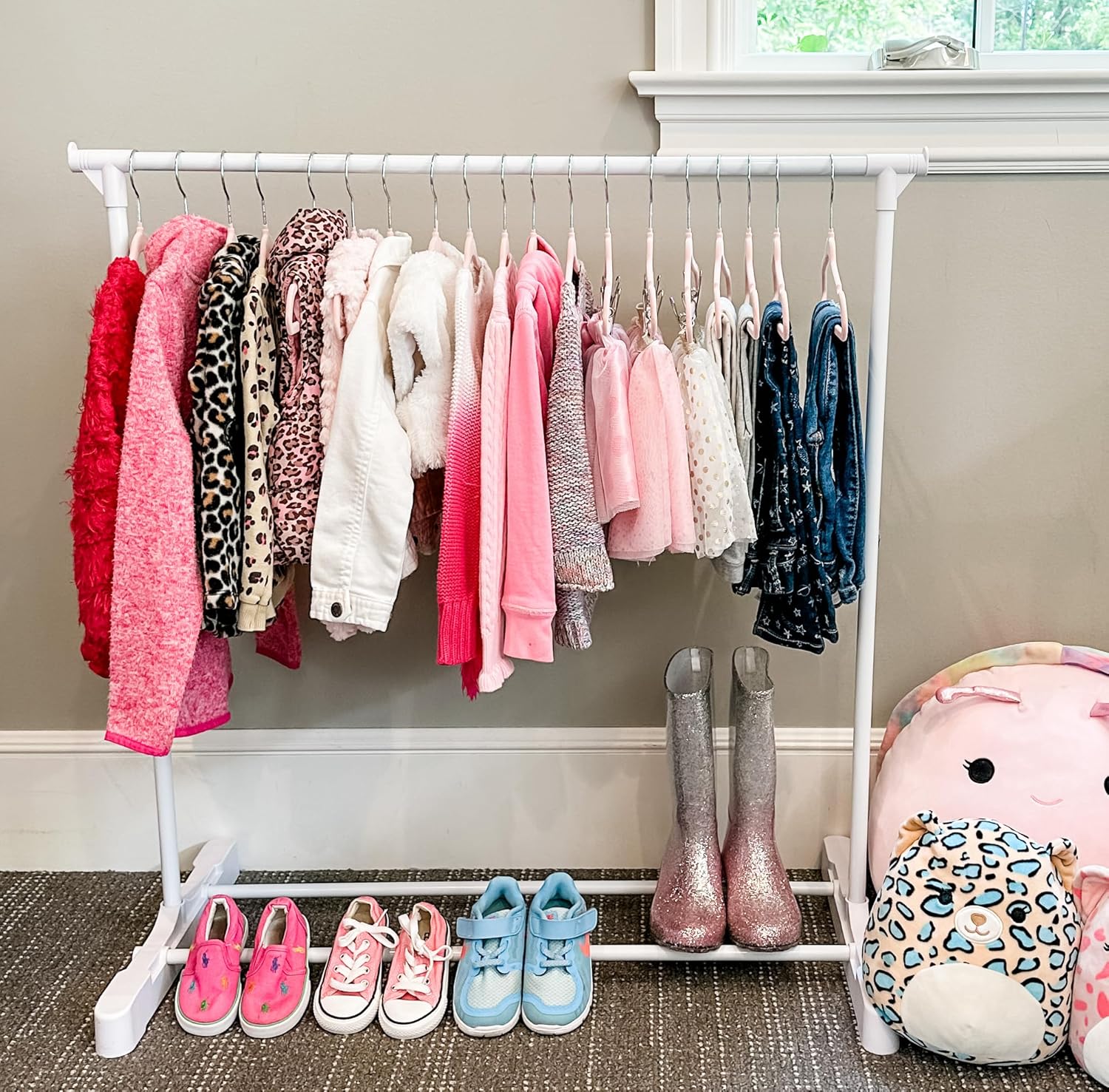 Boottique- The Boot Hanger Company Childrens Garment Rack- Kids Closet Organizer- Kids Clothing Rack with 10 Gray Velvet Hangers & Opt. Wheels