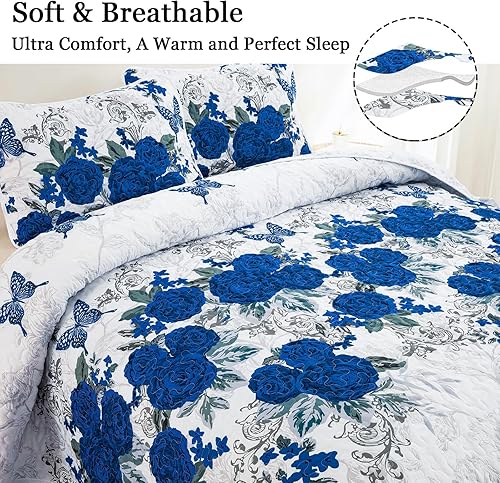 Miniatura 4 de Yiran Juego de edredón floral tamaño King, elegante colcha de 3 piezas con rosa azul, juego de colcha de microfibra ligera con 2 fundas de almohada