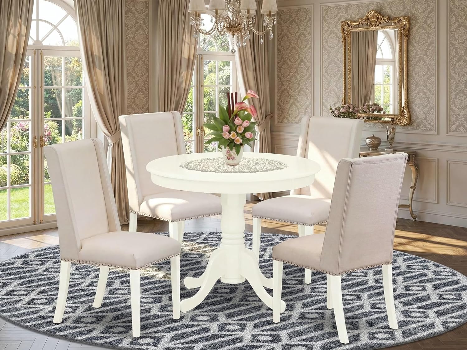 East West Furniture ANFL5-LWH-01 5 Piece Kitchen Table & Chairs Set Includes a Round Dining Room Table with Pedestal and 4 Cream Linen Fabric Parson Dining Chairs, 36x36 Inch, Linen White