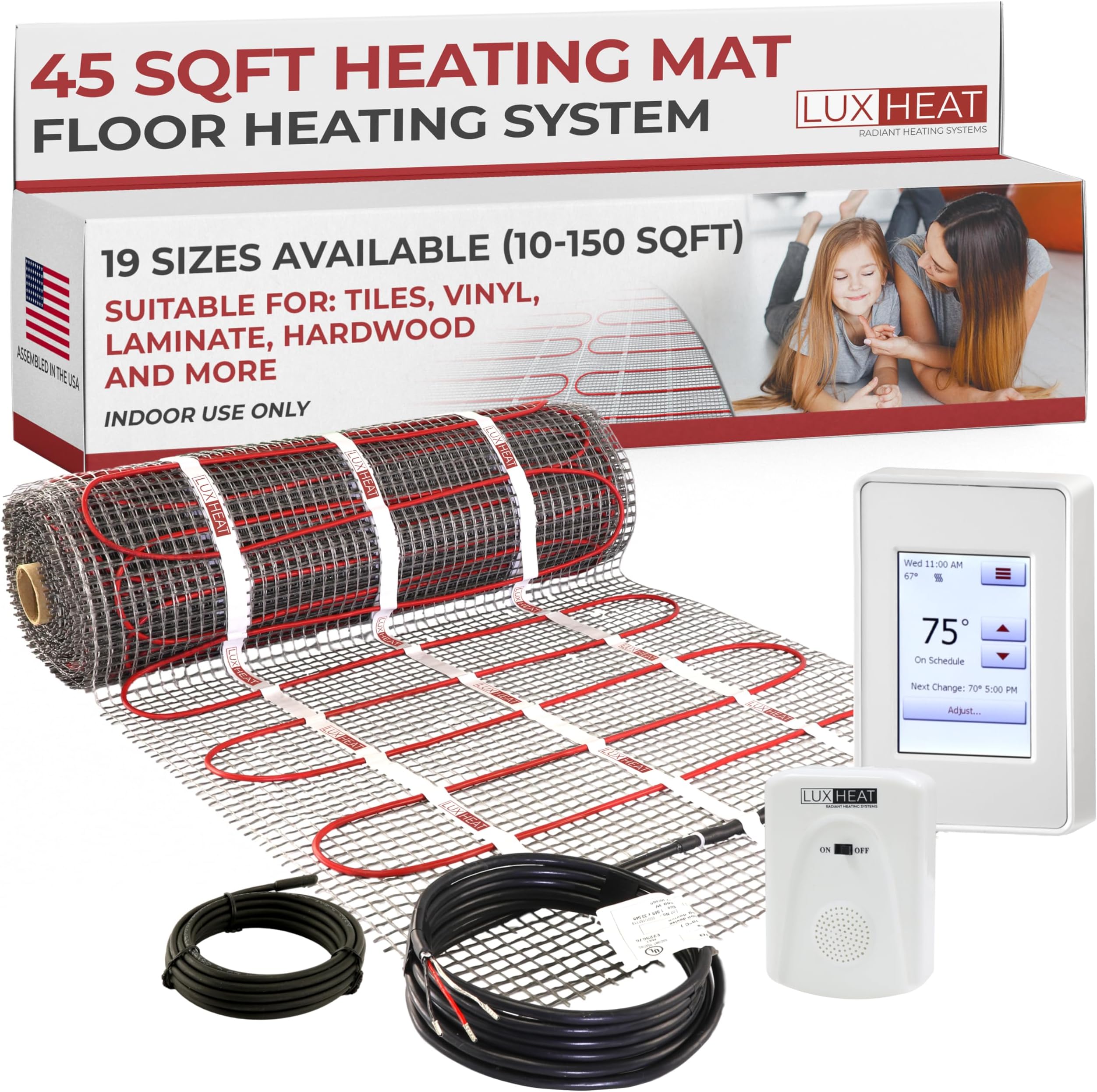 LuxHeat 45sqft Floor Heating Mat Kit – 120v Electric Radiant Underfloor Heating System – Heated Flooring System for Tile & Laminate - Includes UDG4 Programmable Thermostat w/GFCI, Alarm & Sensor
