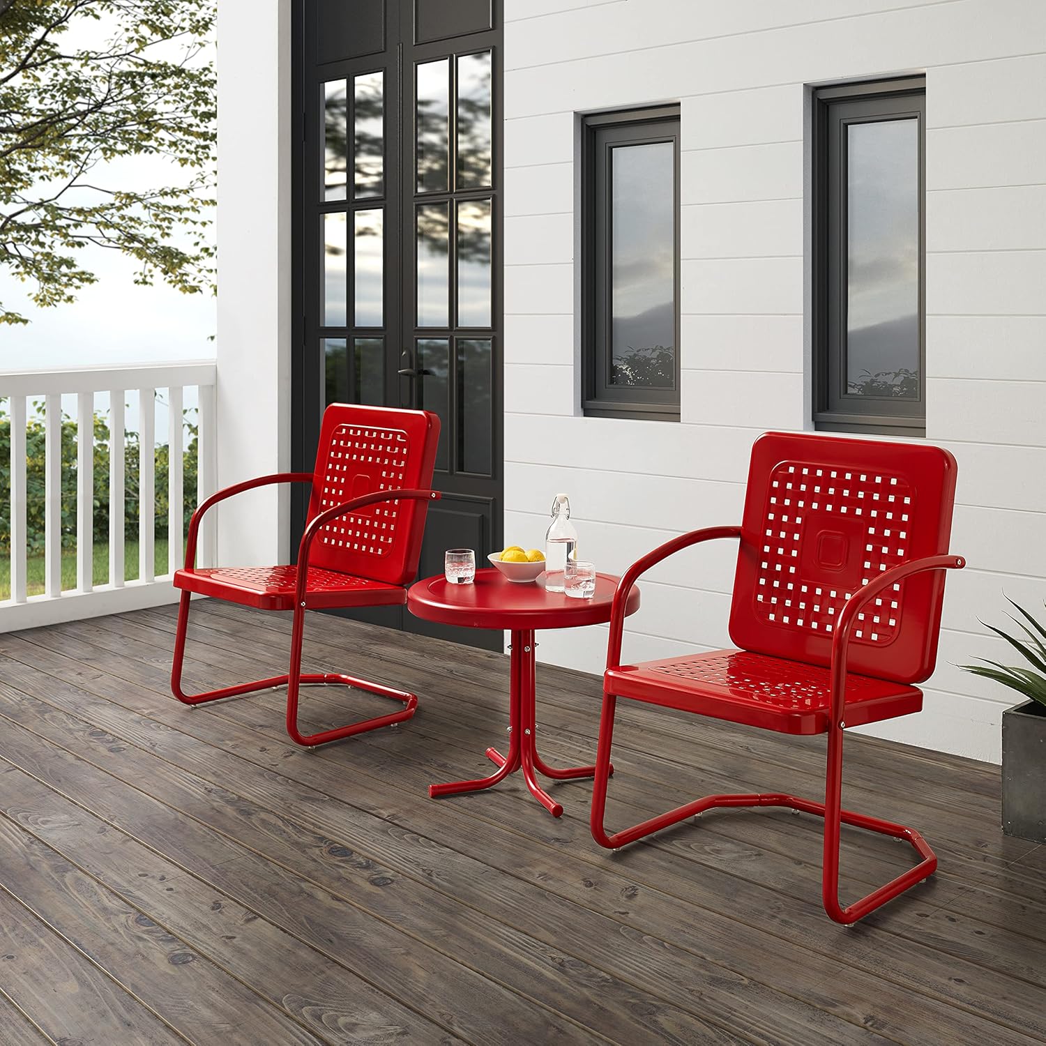 Crosley Furniture Bates 3-Piece Outdoor Chair and Side Table Set, Retro Metal Bistro Patio Conversation Sets, Bright Red Gloss