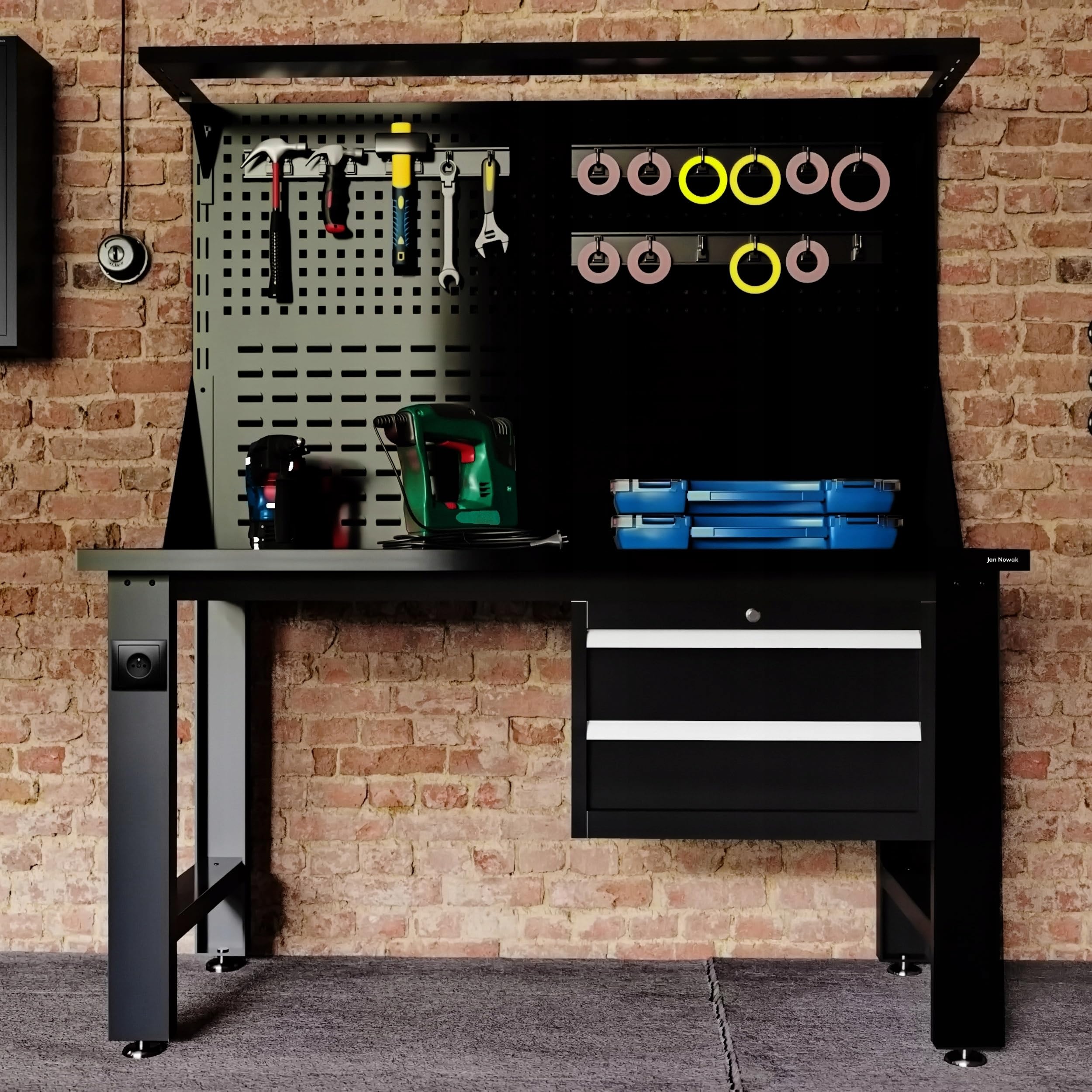 Jan Nowak Werkbank mit Werkzeuglochwand Werktisch mit 2 Schubladen Steckdose Metall MDF Tischplatte Belastbar bis 600 kg Pulverbeschichtung 170 cm x 150 cm x 75 cm (Schwarz-Schwarz)