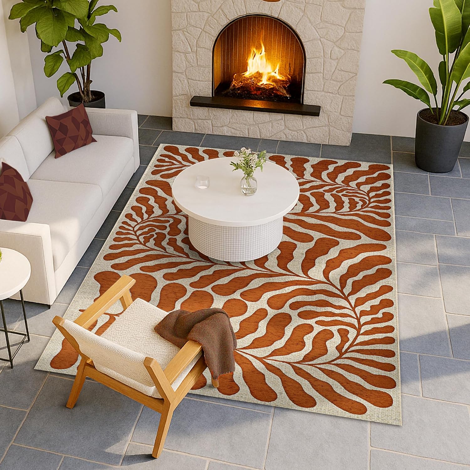 Couristan Leaf Pattern Indoor-Outdoor Rug - 5'3" x 7'6" Fiore Orange Area Rug Botanical Design, Flatwoven Texture, UV-Stabilized Fibers, and Easy-Clean Durable Design for Patio, Living Room or Balcony