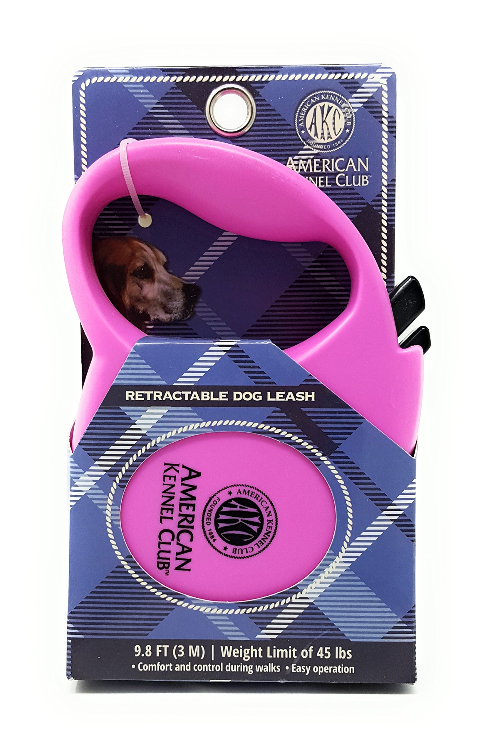 American Kennel ClubRetractable Dog Leash for Pets Up to 45 lbs, Tangle-Free, One-Handed Lock & Release - 9.8 FT - Pink