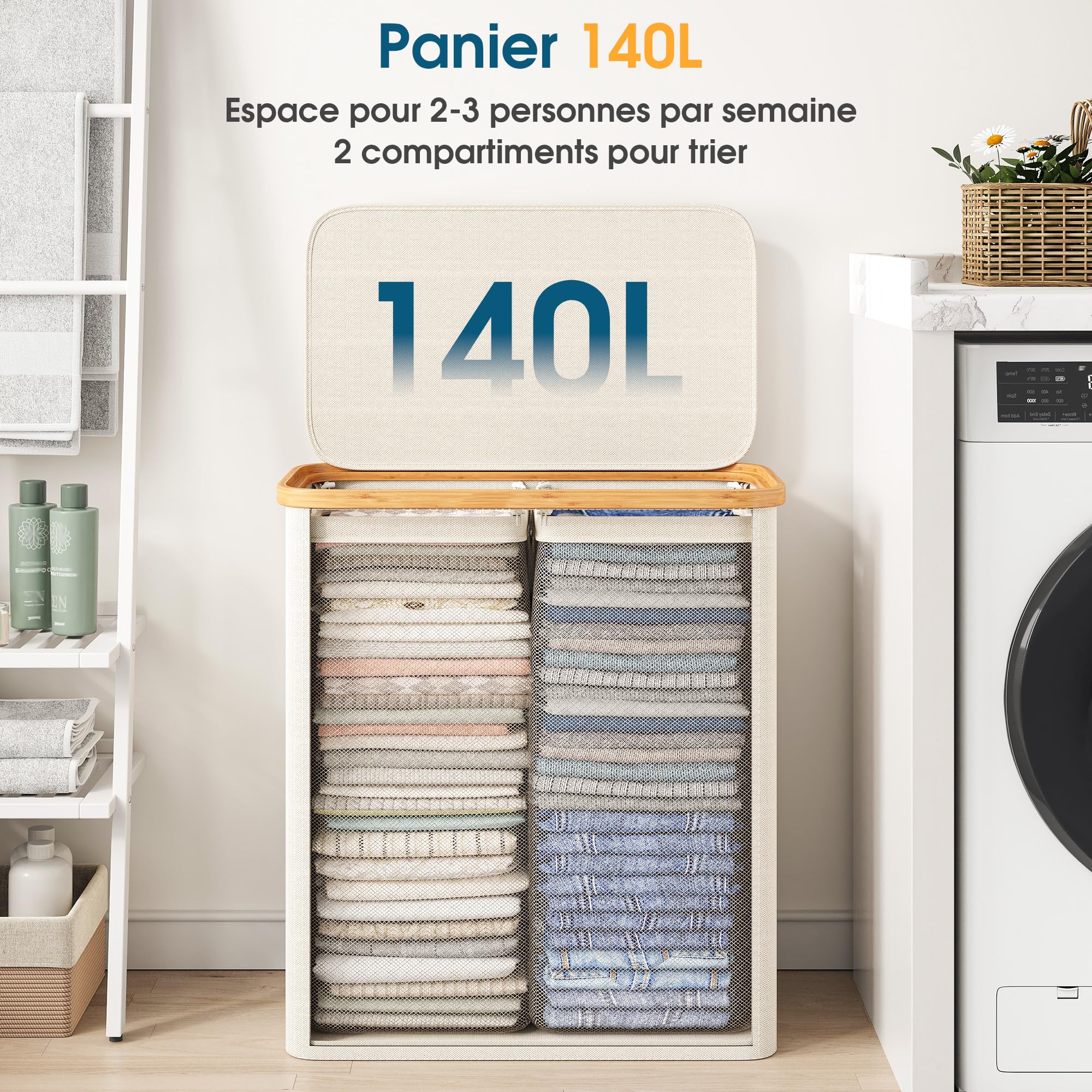 Panier à Linge 2 Compartiments avec Couvercle 140L, en Cadr Bambou & Tissu Oxford 600D Étanche, panier linge sale avec Sacs Intérieurs Amovibles, parfait pour la Buanderie, la Chambre, Beige