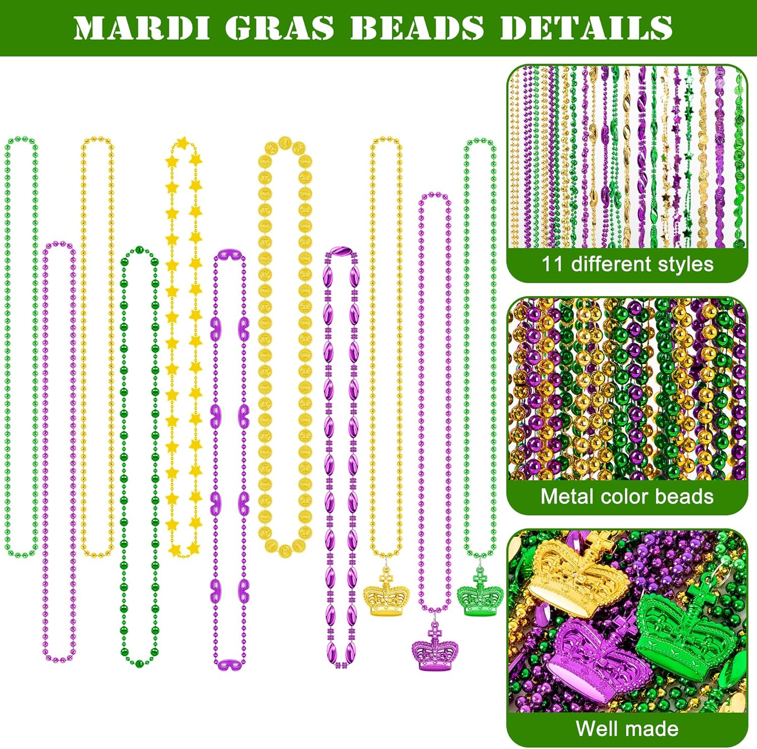 100PCS Mardi Gras Accessories, 11 Kinds Mardi Gras Beads Coins Mask Shape Necklace, Metallic Green Purple Gold Beads Parade Throw Costumes, Festival Carnivals Celebration Events Party Throws Supplies - Image 3
