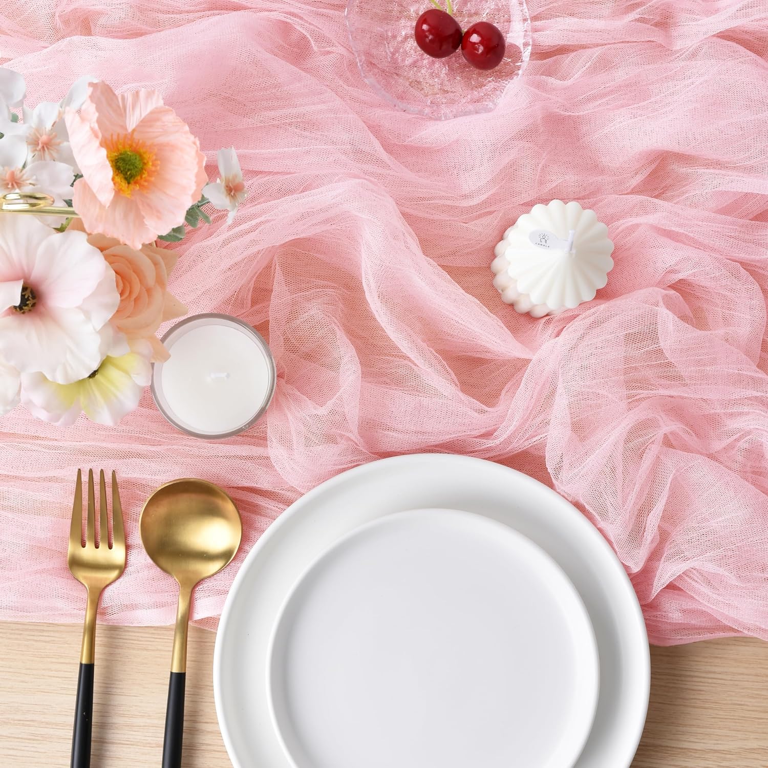 Joanlody Blushing Pink Cheesecloth Table Runner Mother's Day 10Ft Rustic Gauze Boho Cheese Cloth Runner for Wedding Bridal Baby Shower Decoration