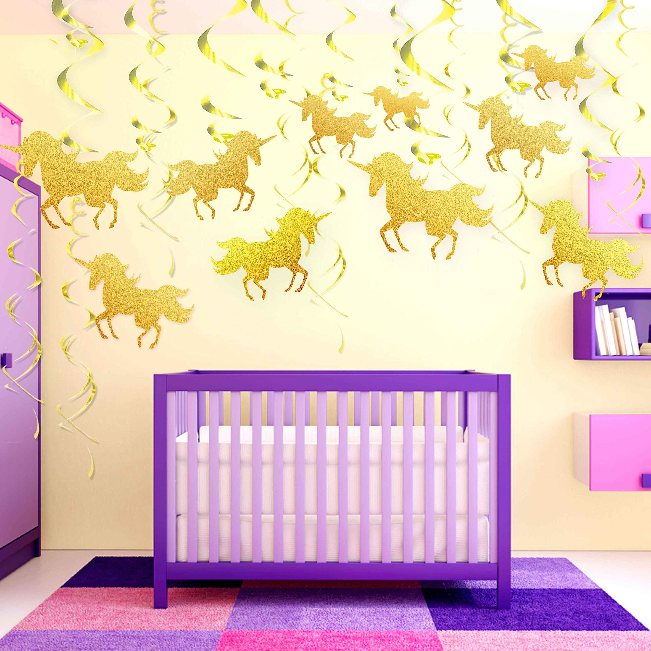 30Pcs Unicorn Hanging Swirl, Unicorn Swirl Decorations Glittery Unicorn Foil Hanging Decorations for Unicorn Party Supplies, Birthday Party Supplies - Gold