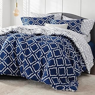 Bedsure Queen Comforter Set 7 Pieces - Navy Blue Quatrefoil Comforters Queen Size, Lightweight Bedding Sets for All Season, Bed in a Bag with Comforters, Sheets, Pillowcases & Shams