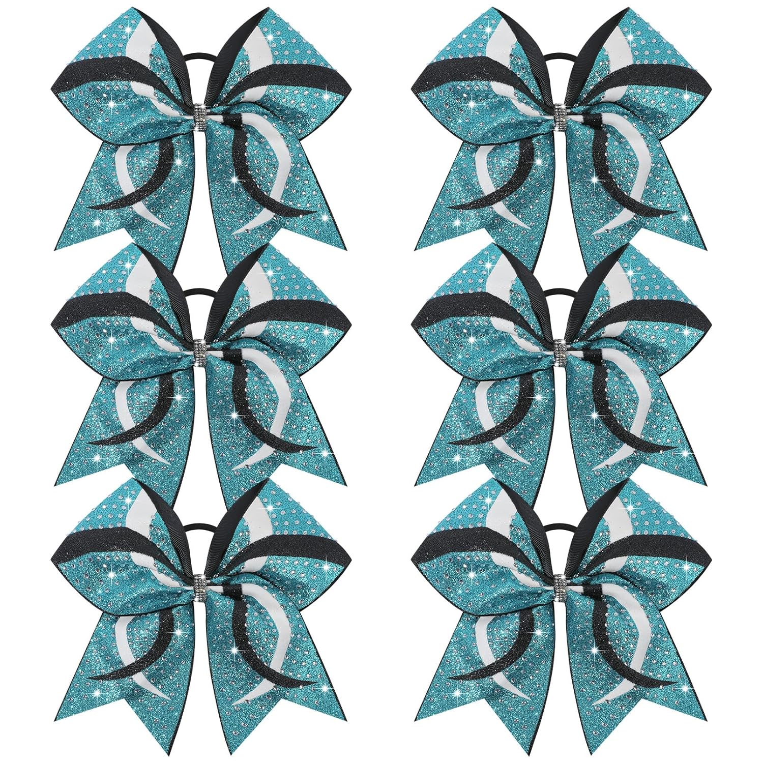 6PCS Full Glitter Rhinestone Cheer Bows Criss Cross Stiff Competition Large Cheerleading Hair Bows Elastic Band for Cheerleaders Girls -Teal/White/Black
