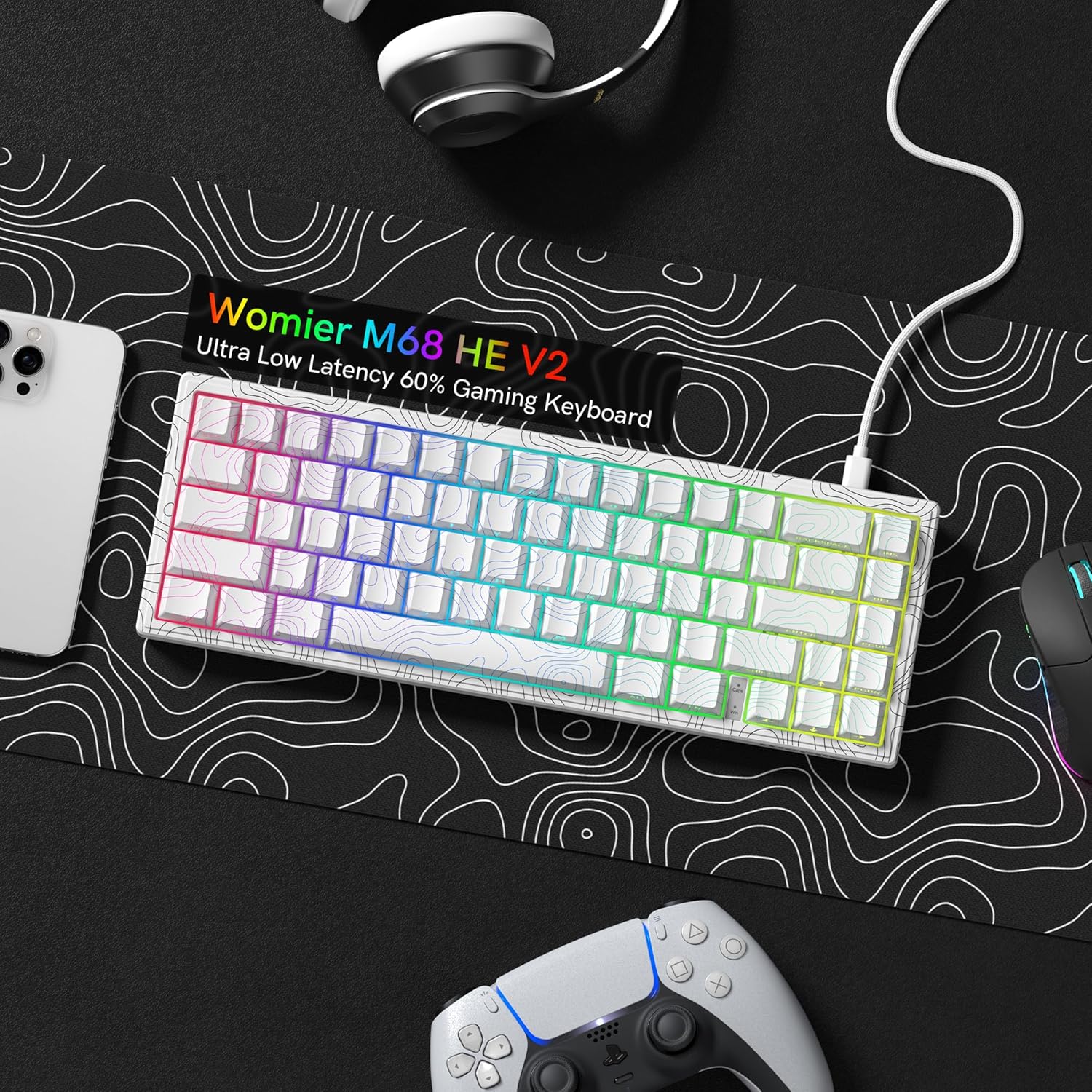 Womier M68 HE V2 Rapid Trigger Keyboard 60% Percent, Hall Effect Topographic Gaming Keyboard, Wired RGB Custom Mechanical Key Board with Magnetic Switch, PBT Keycaps for Mac/Win (White)