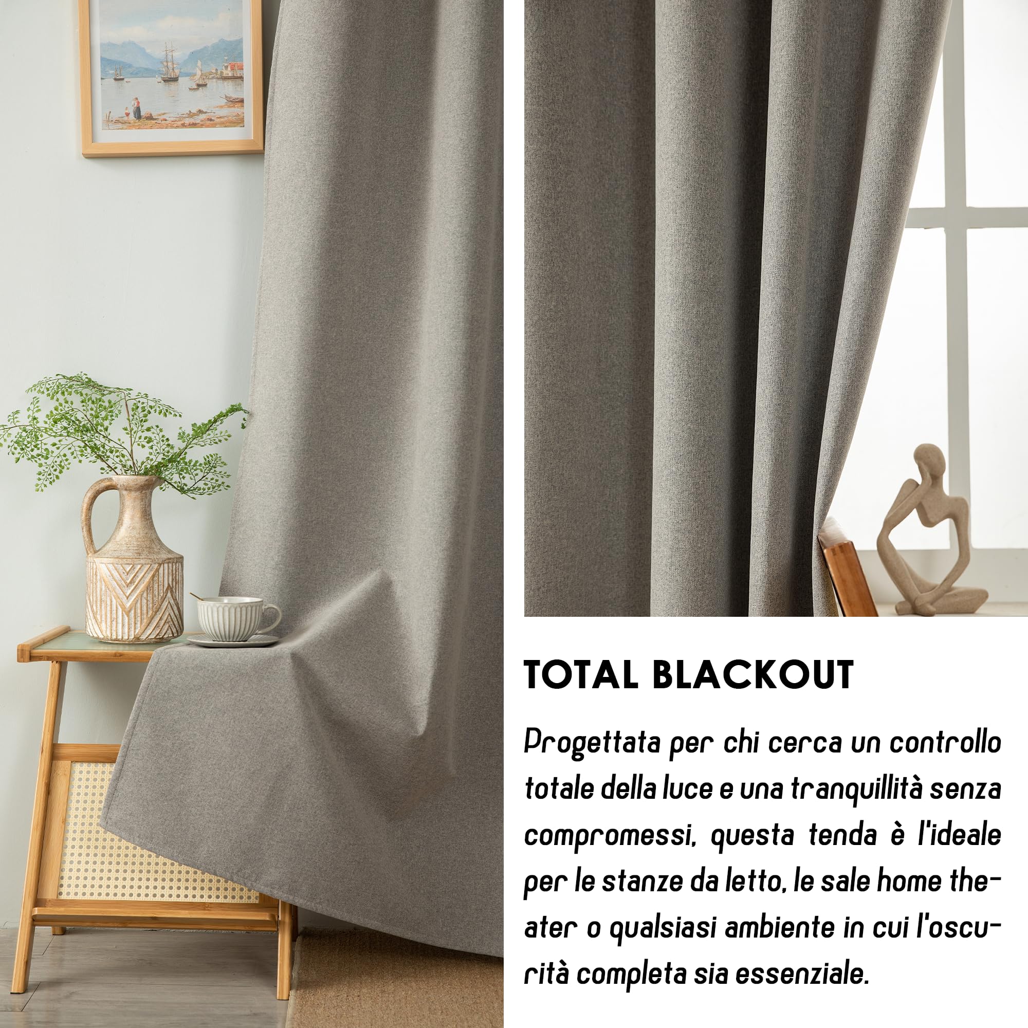GIRASOLE HOME Coppia Tende Barbados Termiche 100% Oscuranti 2 Pannelli da 140x260cm con Occhielli, Tortora