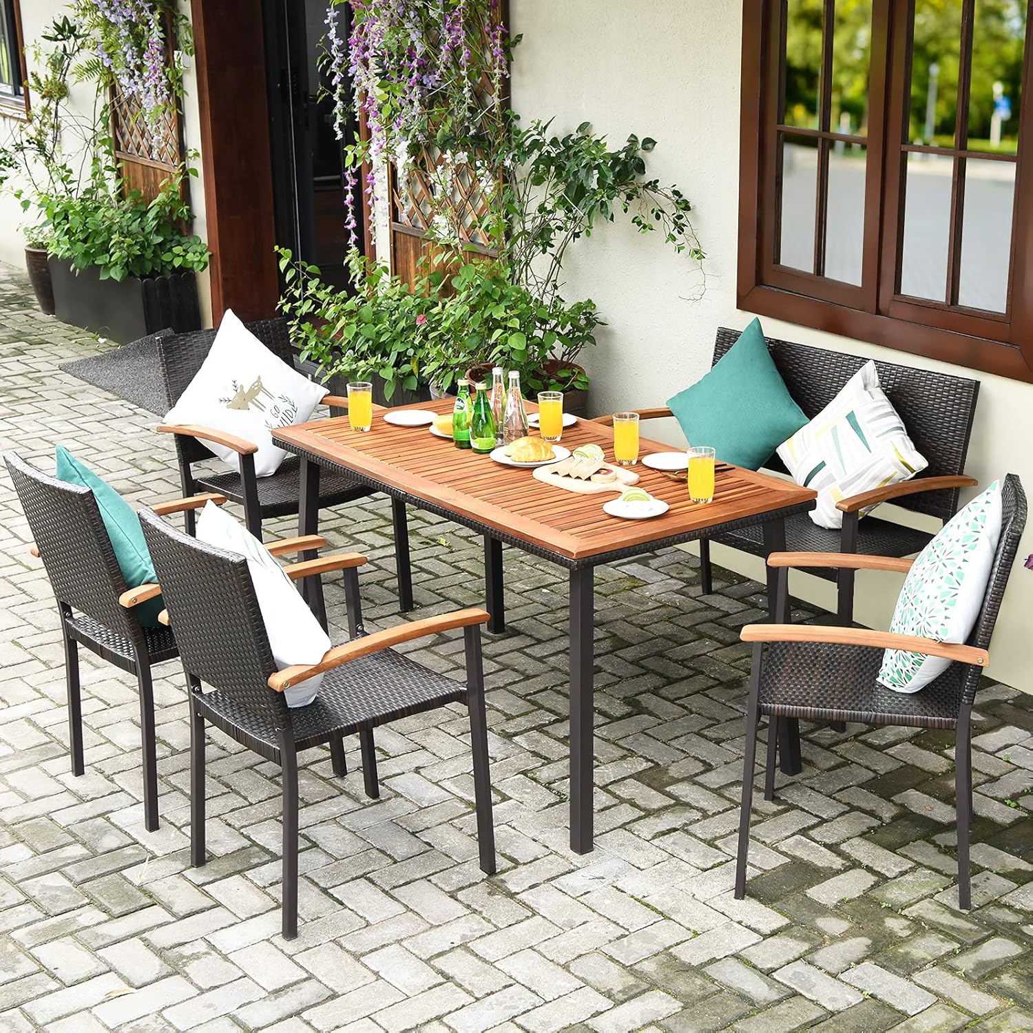 Tangkula 6 Piece Patio Dining Set, Outdoor Acacia Wood Dining Furniture w/Acacia Wood Table Top, Modern Conversation Set w/ 4 Rattan Chairs & 1 Rattan Bench for Backyard Garden Poolside Lawn : Patio, Lawn & Garden