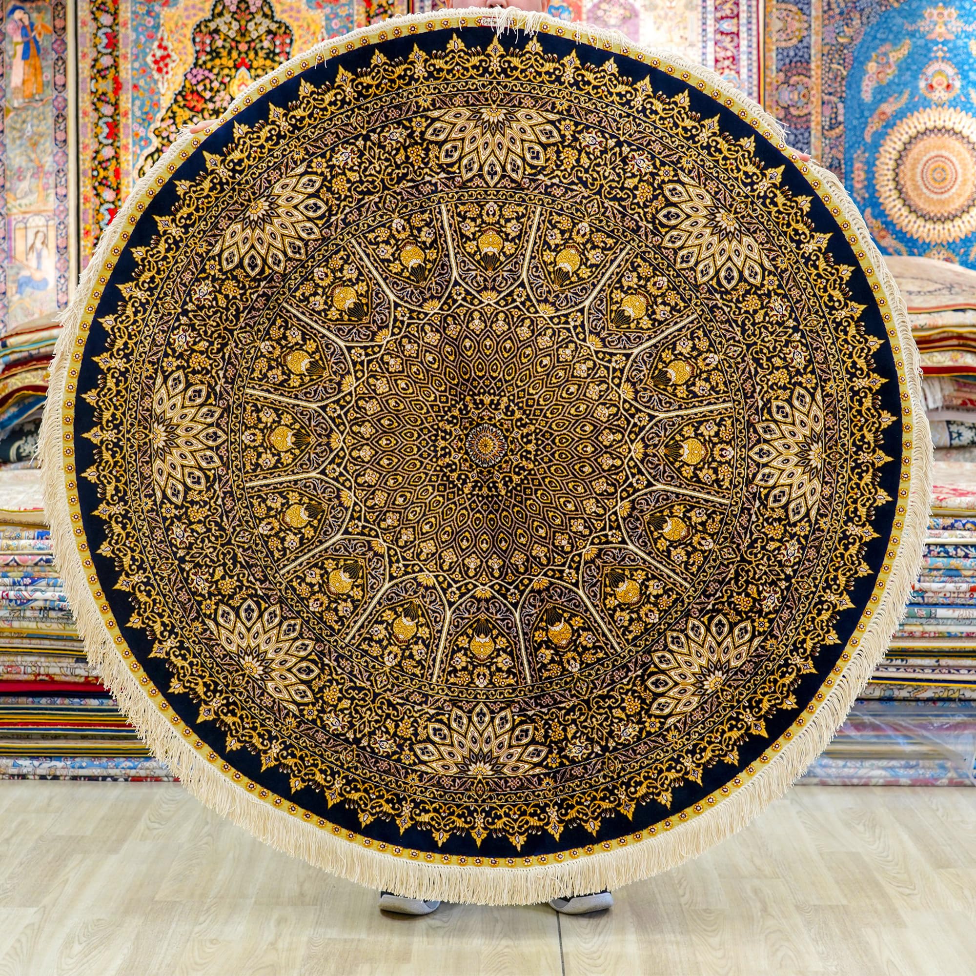 Yuchen Carpet Round Silk Rug 4 5ft Brown Hand Knotted Traditional Medallion Vintage Silk Round Rug for Dinning