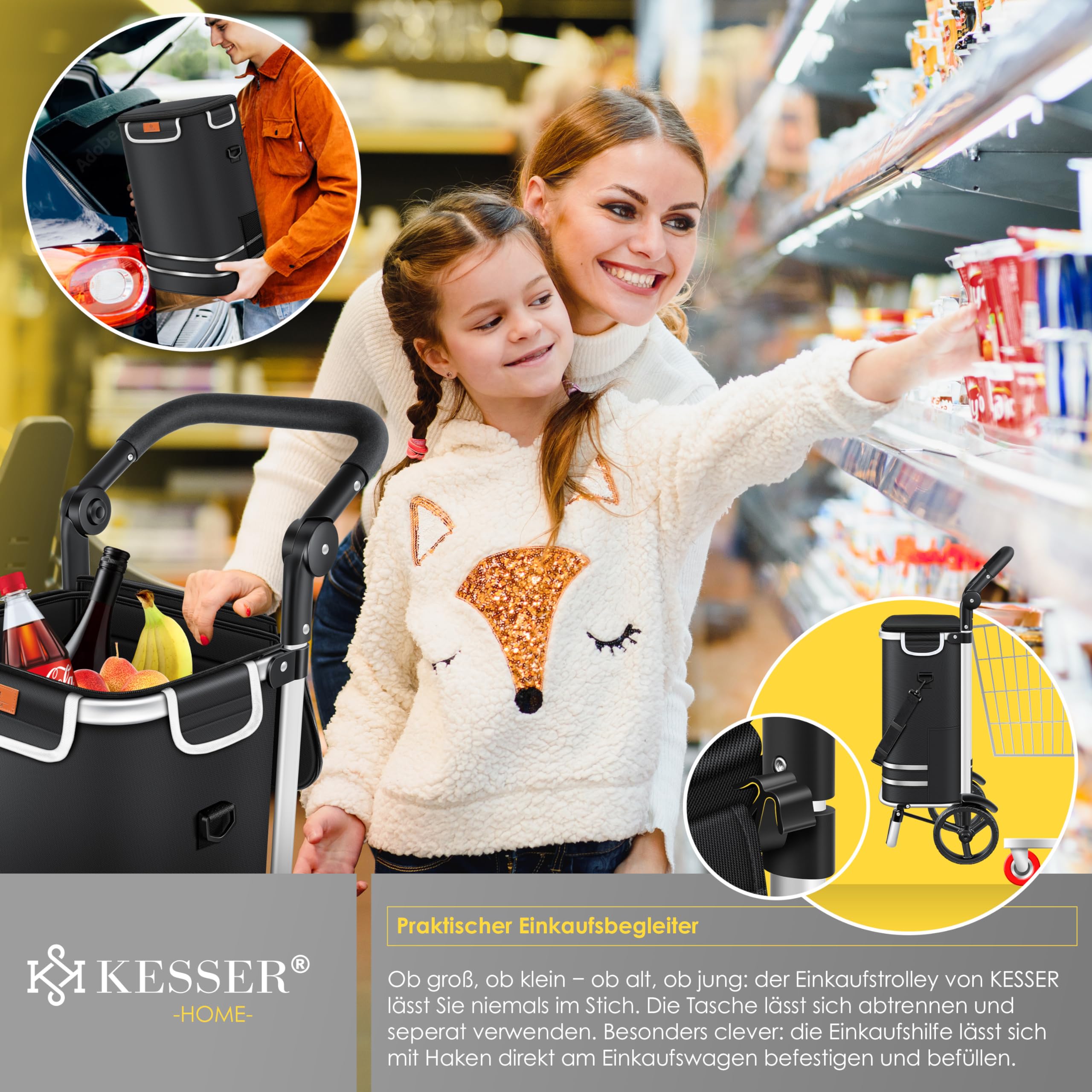 KESSER® Einkaufstrolley klappbar mit 56L Kapazität und belastbar bis 50kg | 3in1 Trolley Sackkarre & Umhängetasche | Faltbarer Einkaufswagen inkl. Kühlfach & Einkaufschip | Treppensteiger Schwarz