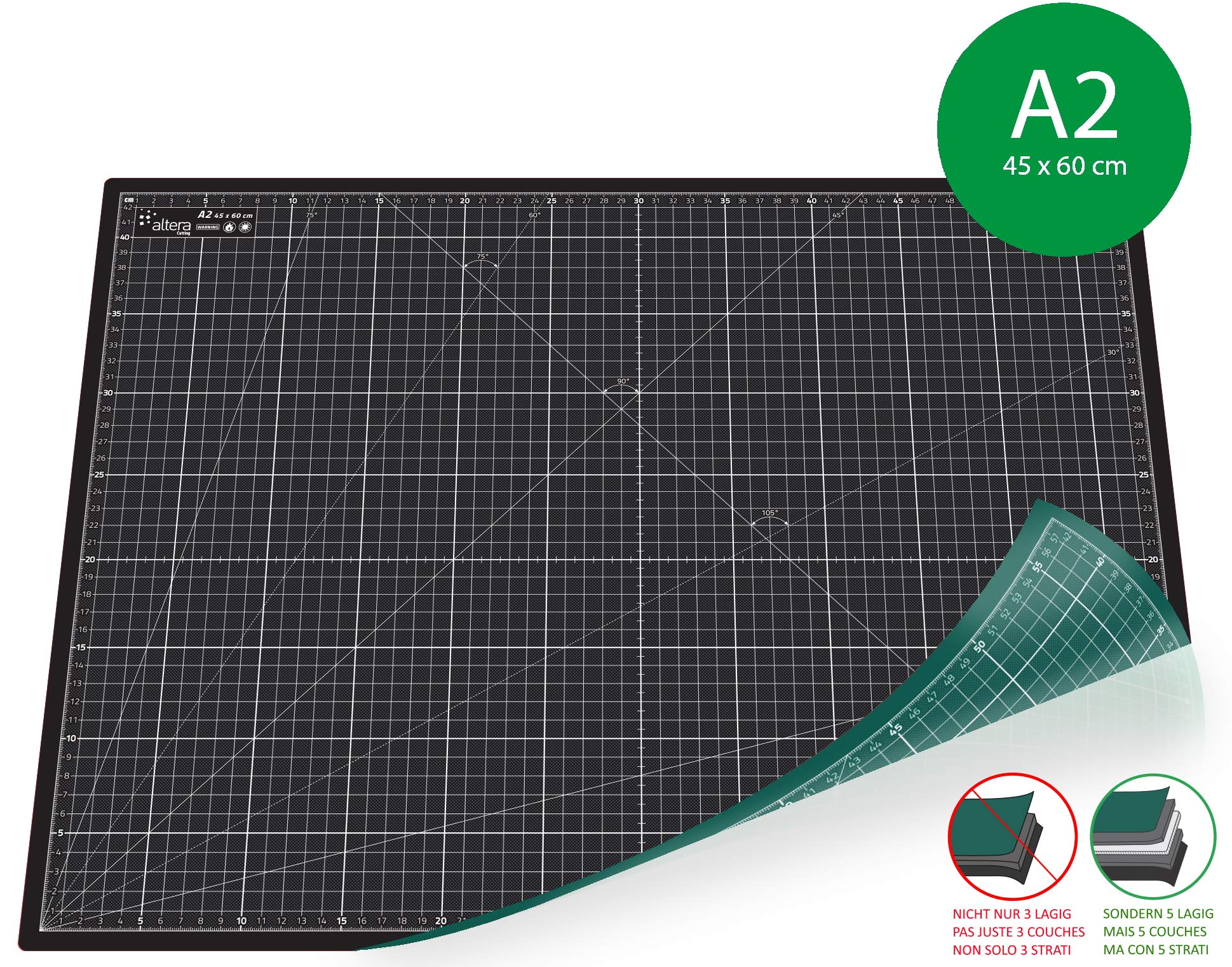 45x60cm - Tapis de découpe auto-cicatrisant A2-45x60cm (PRO Noir-Vert)