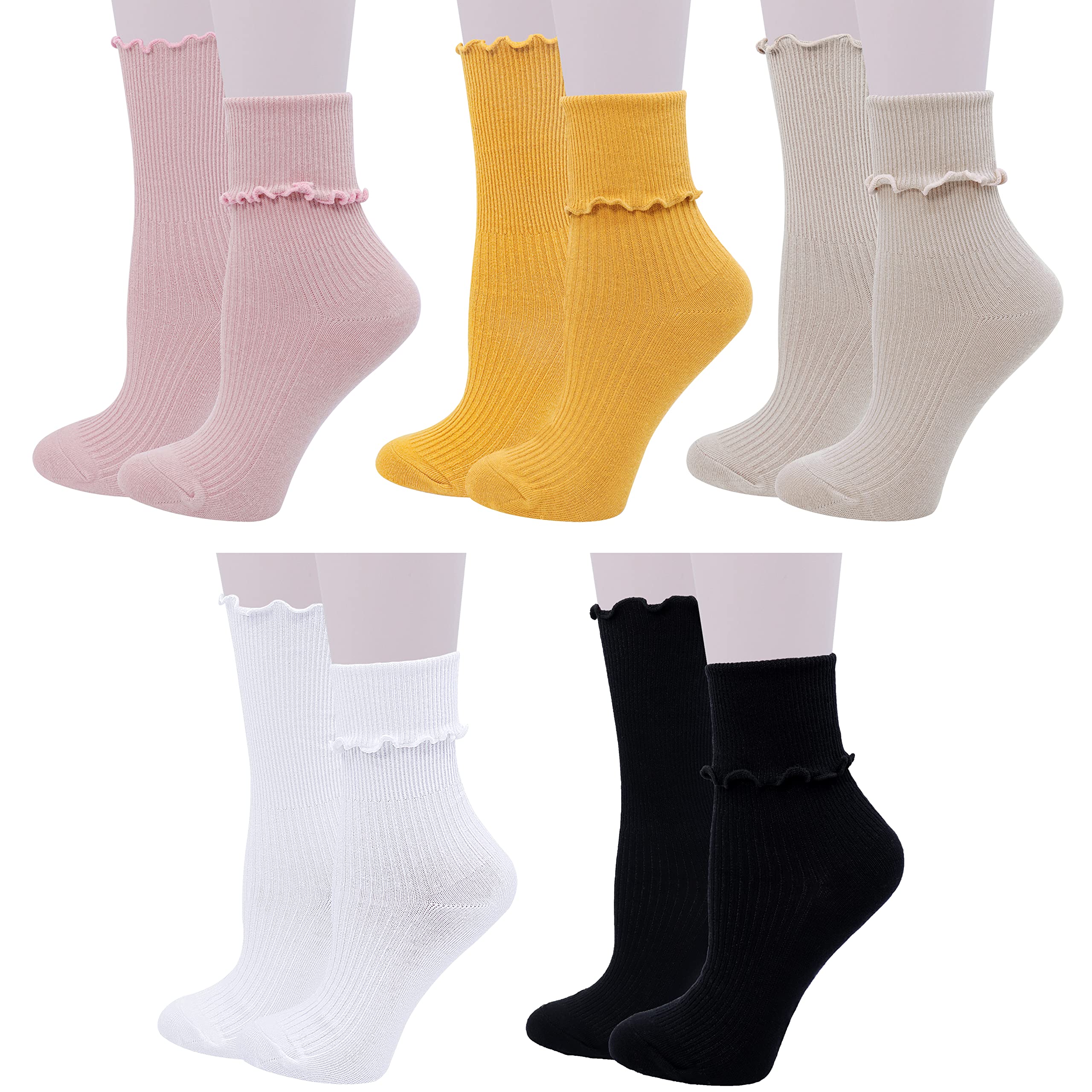 Bienvenu Ruffle Slouch Socks for Women, Cute Cotton Crew Socks, Frilly Novelty Knit Socks 5 Pairs