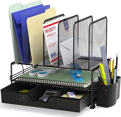 SIMPLE HOUSEWARE Mesh Desk Organizer with Sliding Drawer, Double Tray