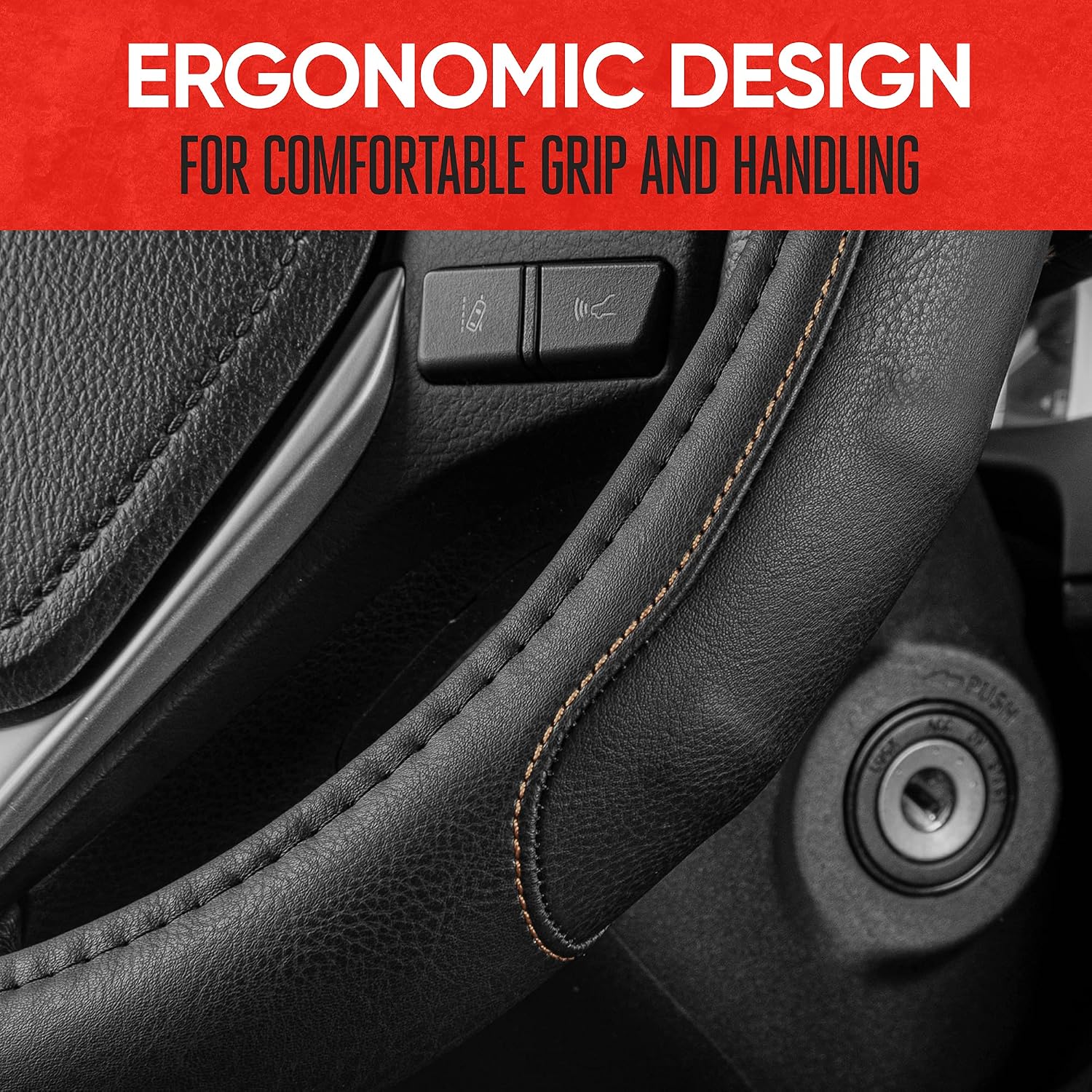 Motor Trend GripDrive Faux Black Leather Steering Wheel Cover for Car Truck Van SUV, Standard 15 inch Size, Beige Accent Stitched Car Steering Wheel Cover Vehicle & Auto Accessories