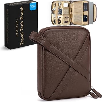 rofozzi Vegan Leather Travel Tech Pouch, Electronics & Cable Case Organizer with Padded 11-Inch Tablet Sleeve and Passport Pockets