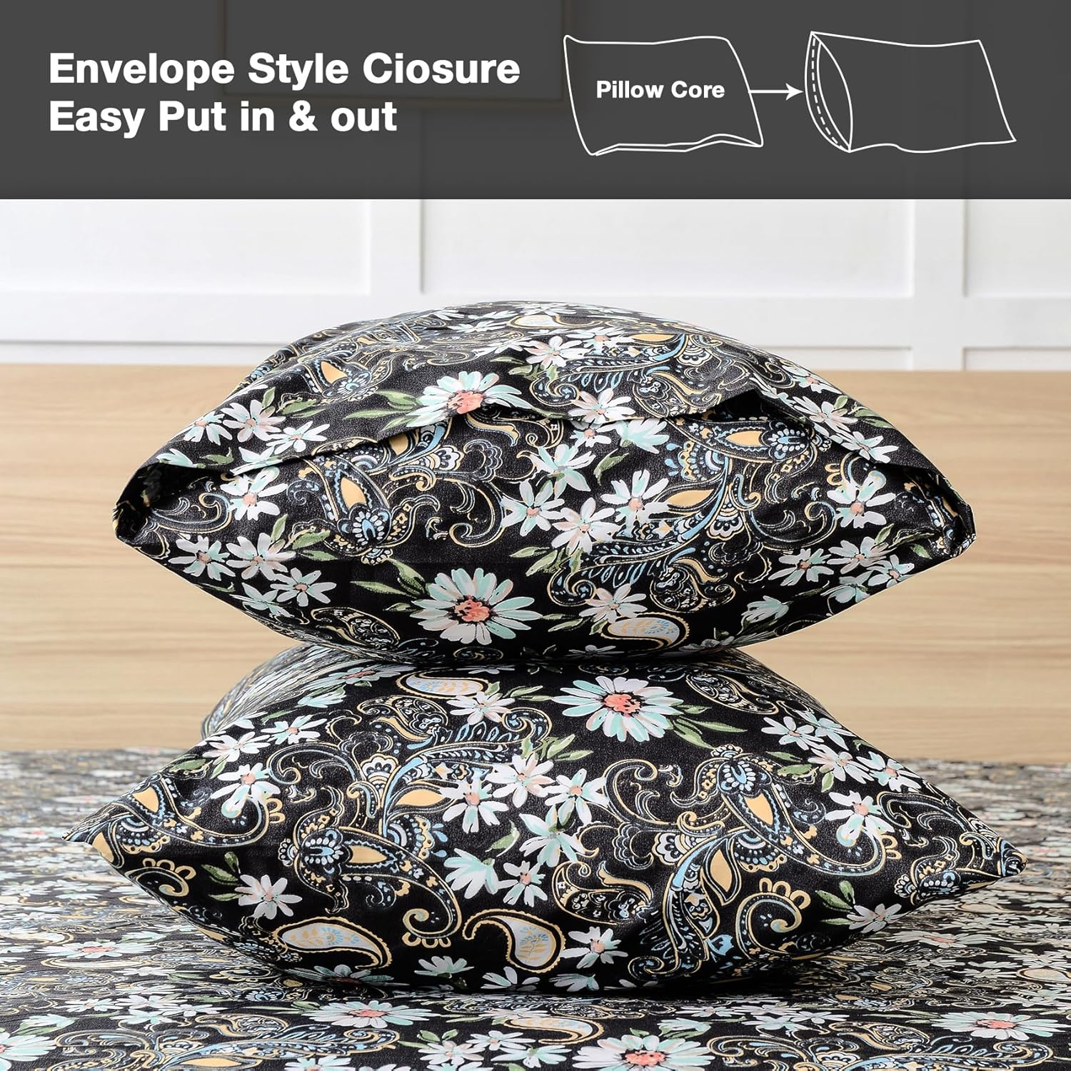 JSD Black Paisley Floral Printed Sheet Set King Size 6 Piece, Soft Pattern Microfiber Bed Sheets Extra Deep Pocket