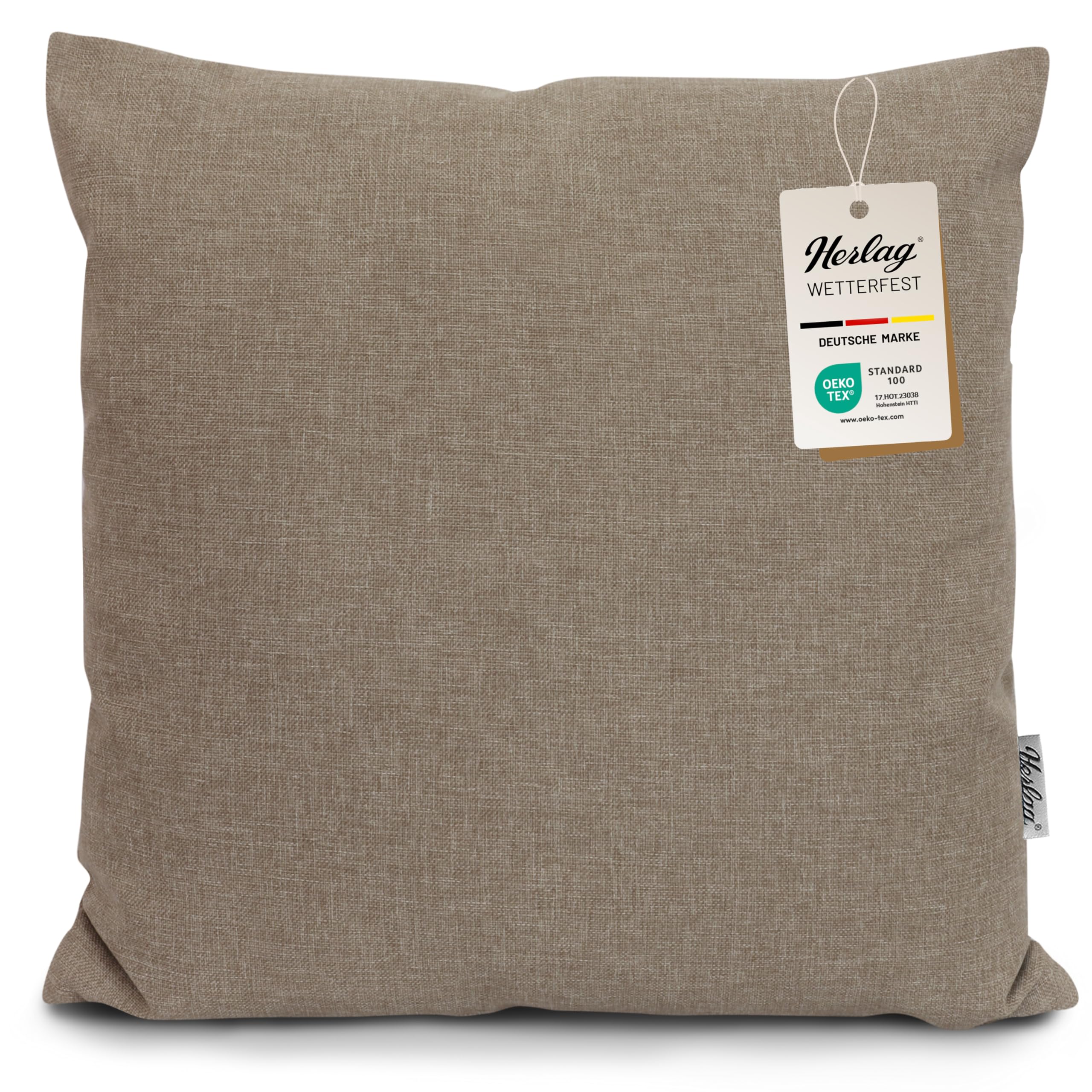 Herlag Sunny Outdoor Dekokissen 50x50cm – wetterfest & UV-beständig – waschbarer Bezug mit Reißverschluss – inkl. Innenkissen – Zierkissen für Balkon & Garten – Gartenkissen für draußen – Taupe