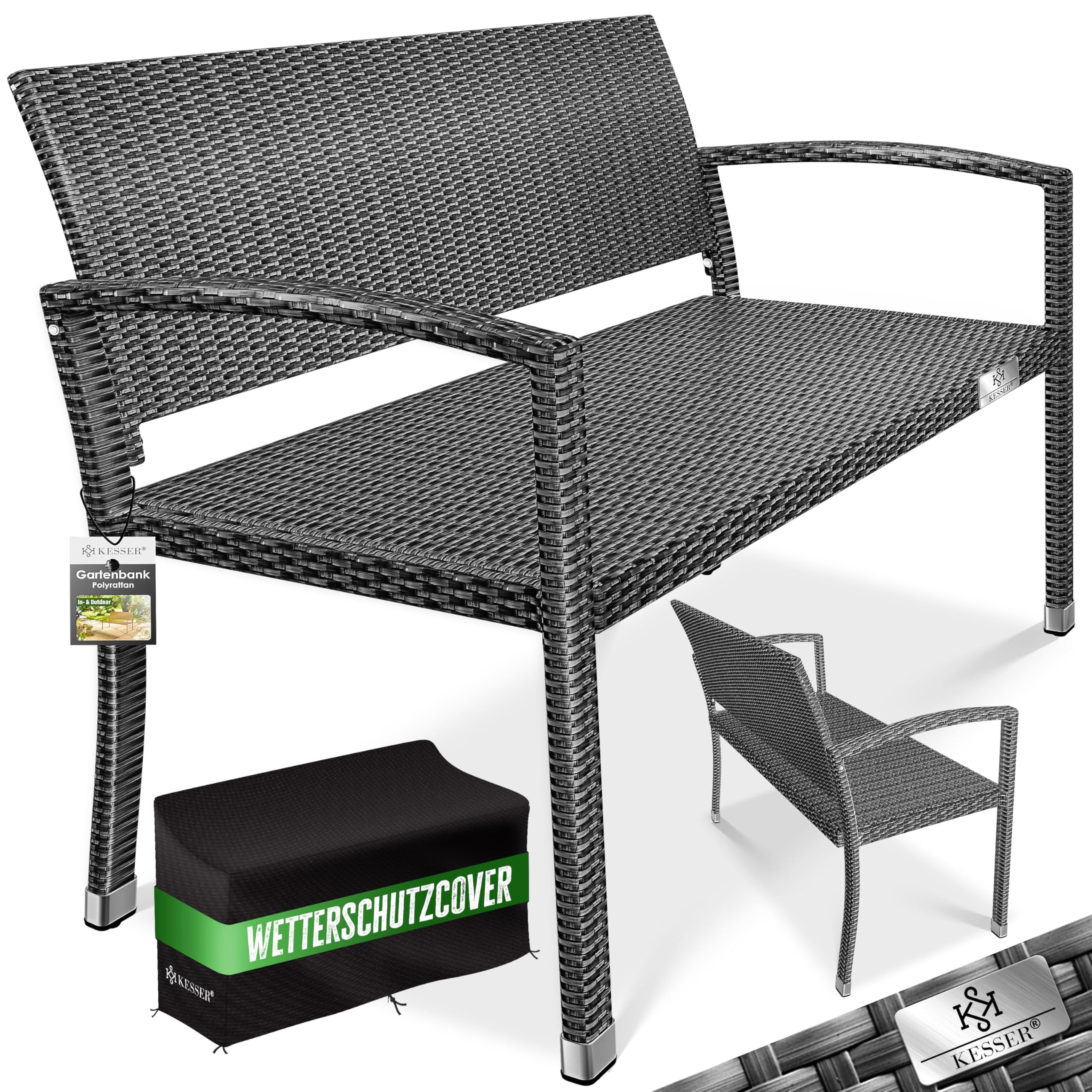 KESSER® Panca da giardino in polyrattan, resistente alle intemperie, resistente ai raggi UV e portata fino a 320 kg, 125 x 62 x 90 cm, mobili da giardino con braccioli ergonomici, per 2 persone,