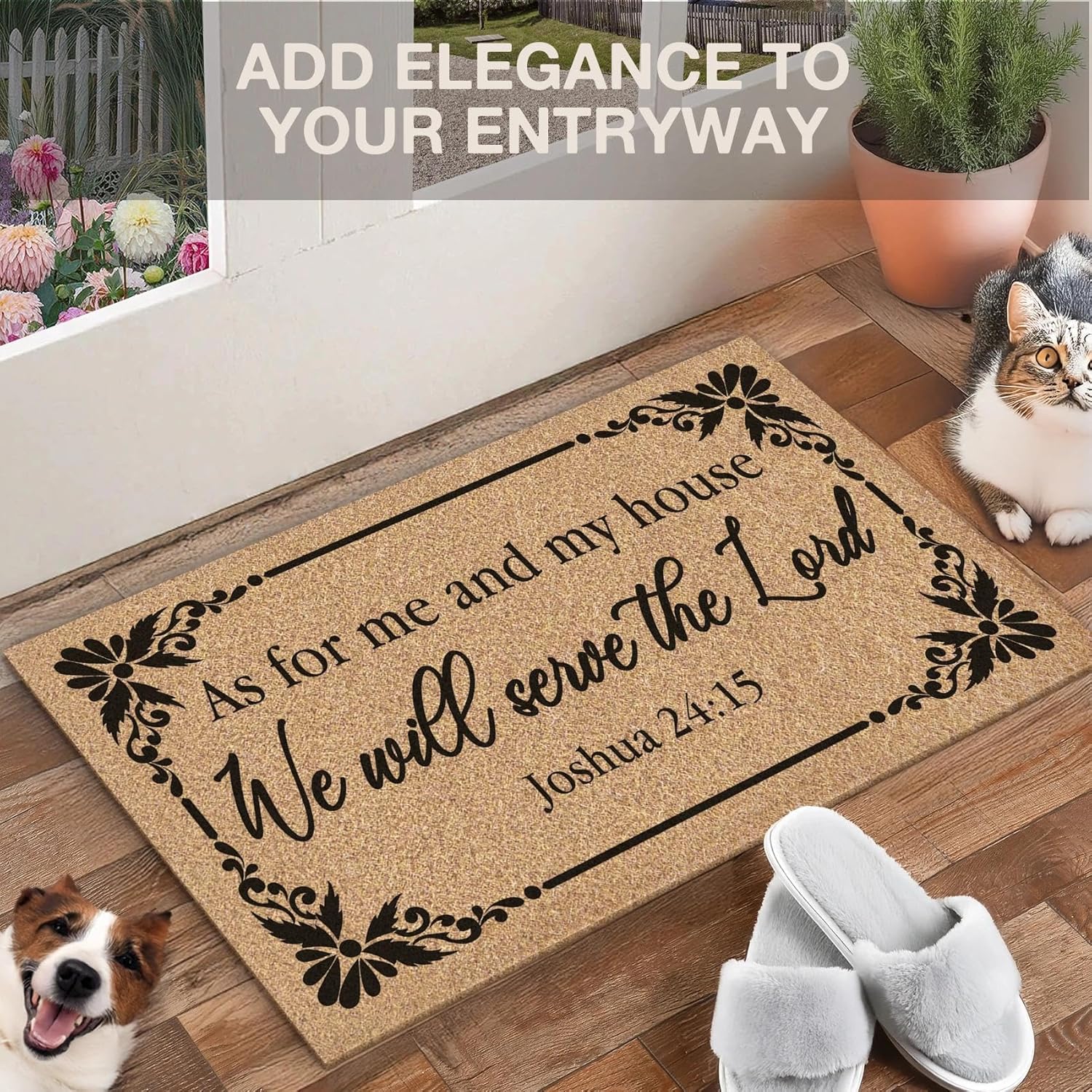 Christian Welcome Door Mat, As for Me and My House We Will Serve Bible Verse Decorative Artificial Coco Coir Doormat for Indoor Outdoor Porch Front Door Entrance Outside, 17x30 in