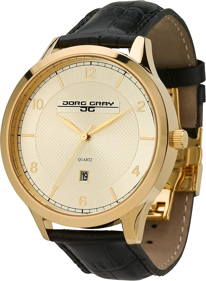 Gray Men's Quartz Watch with Gold Dial Analogue Display and Black