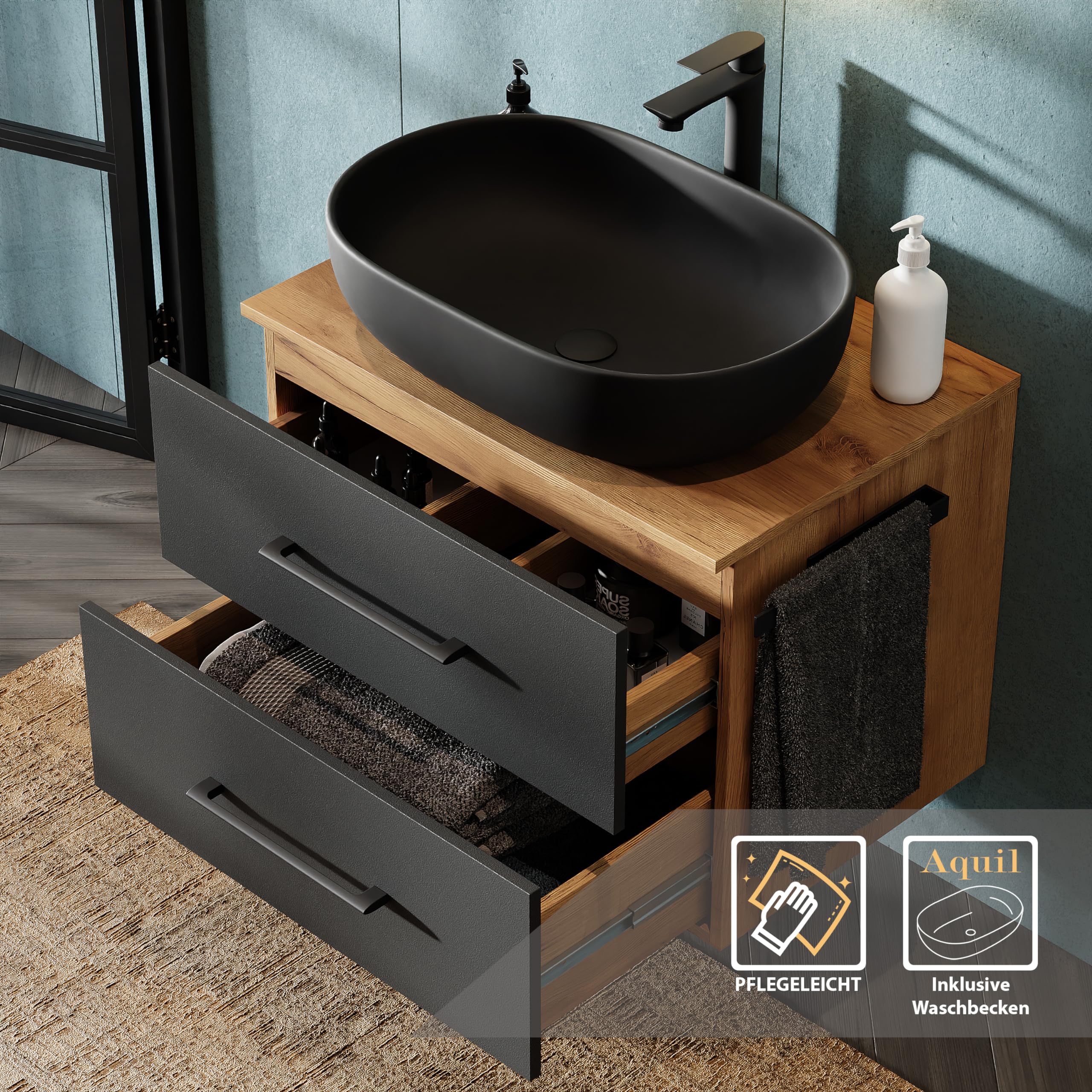 Planetmöbel LUX Juego de muebles de baño con lavabo y mueble bajo suspendido de 70 cm, incluye lavabo sobre encimera de 60 cm, color negro, mueble bajo en roble dorado/antracita