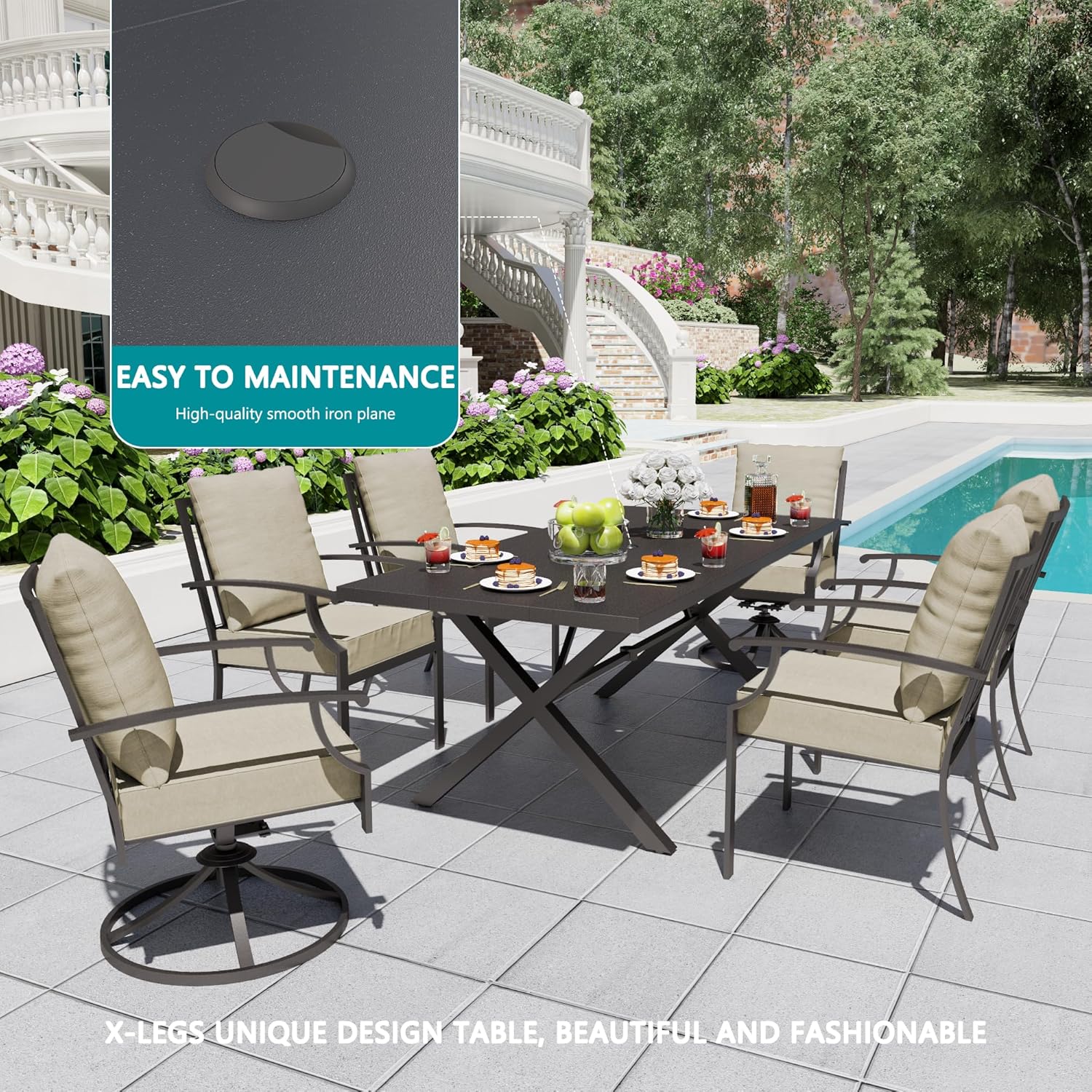 14 PCS Dining Table Set for 12，Exquisite Outdoor Dining Table Seat and Swivel Chairs, X-Legs Table with Umbrella Hole, Patio Table and Chairs Set for Backyard, Garden, Poolside,Sand