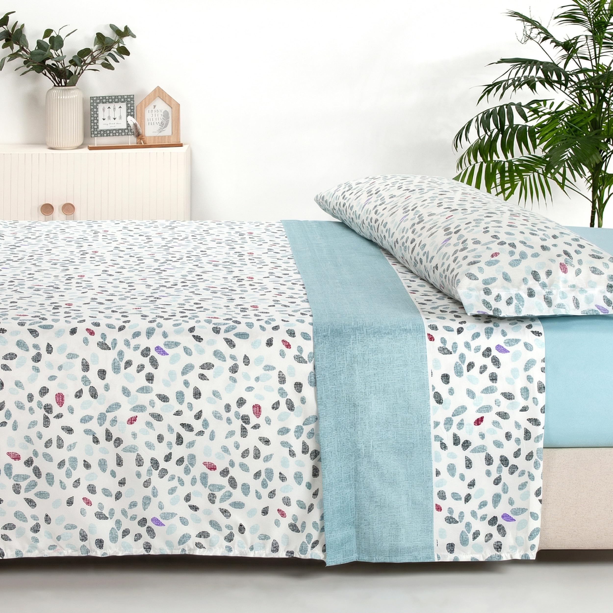 Sábanas 135x190 - Juego de Sábanas 3 Piezas - 100% Microfibra Suave y Transpirable - Sábana Bajera Ajustable, Encimera y Funda Almohada - Ropa de Cama Estampada (Ellie Aqua) — view 11