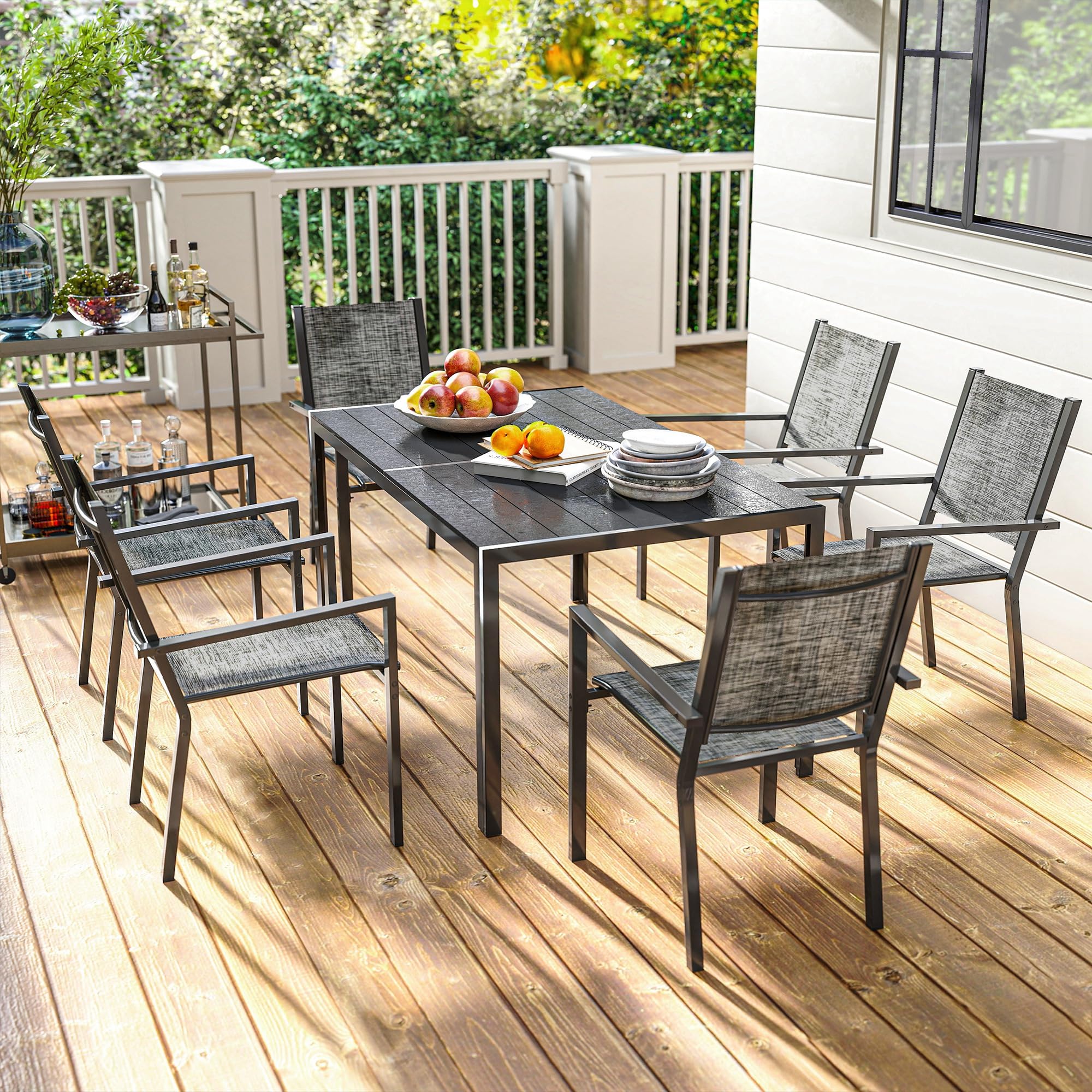 Outsunny Salon de Jardin extérieur 7 pièces, Table de Jardin extérieure avec 6 chaises empilables, Plateau à Lattes 150 cm, Structure en Acier Anti-Rouille, mobilier de Jardin, terrasse, Patio, Noir