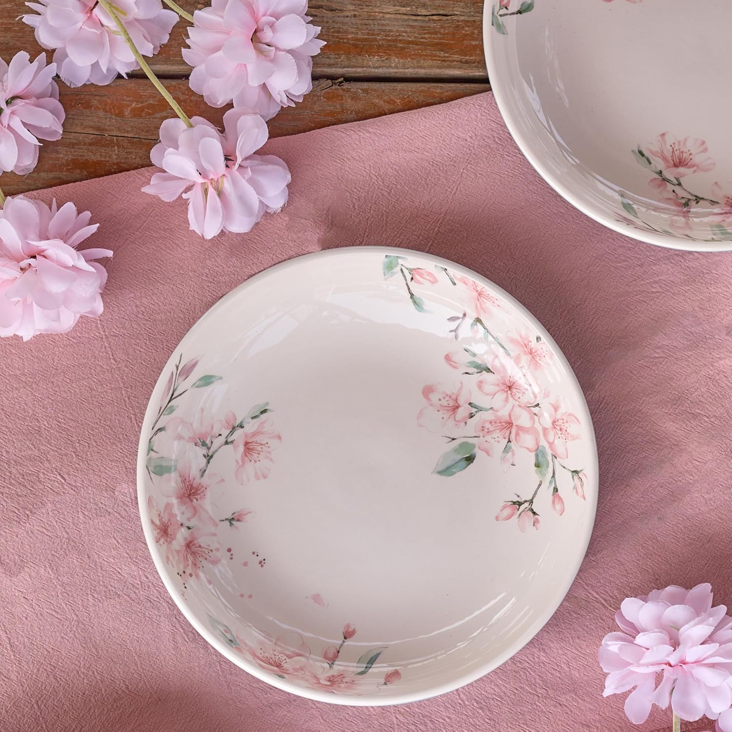 Bico Spring Sakura Pasta Bowls, 35oz Salad Bowl Set of 4, Large Ceramic Serving Dinner Bowls for Soup and Cereal, Microwave and Dishwasher Safe, Gift for Housewarming and Thanksgiving