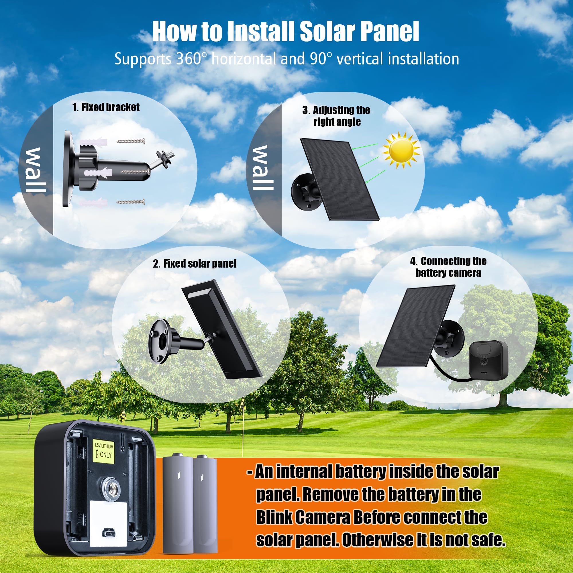 Pannello Solare per Blink Camera Outdoor, 2.5W Blink Solar Panel Compatibile con Blink Outdoor, Blink XT2/XT Camera&SimpliSafe Camera(non incluso), IP65 Blink Outdoor(3rd Gen) con Spina di Gomma